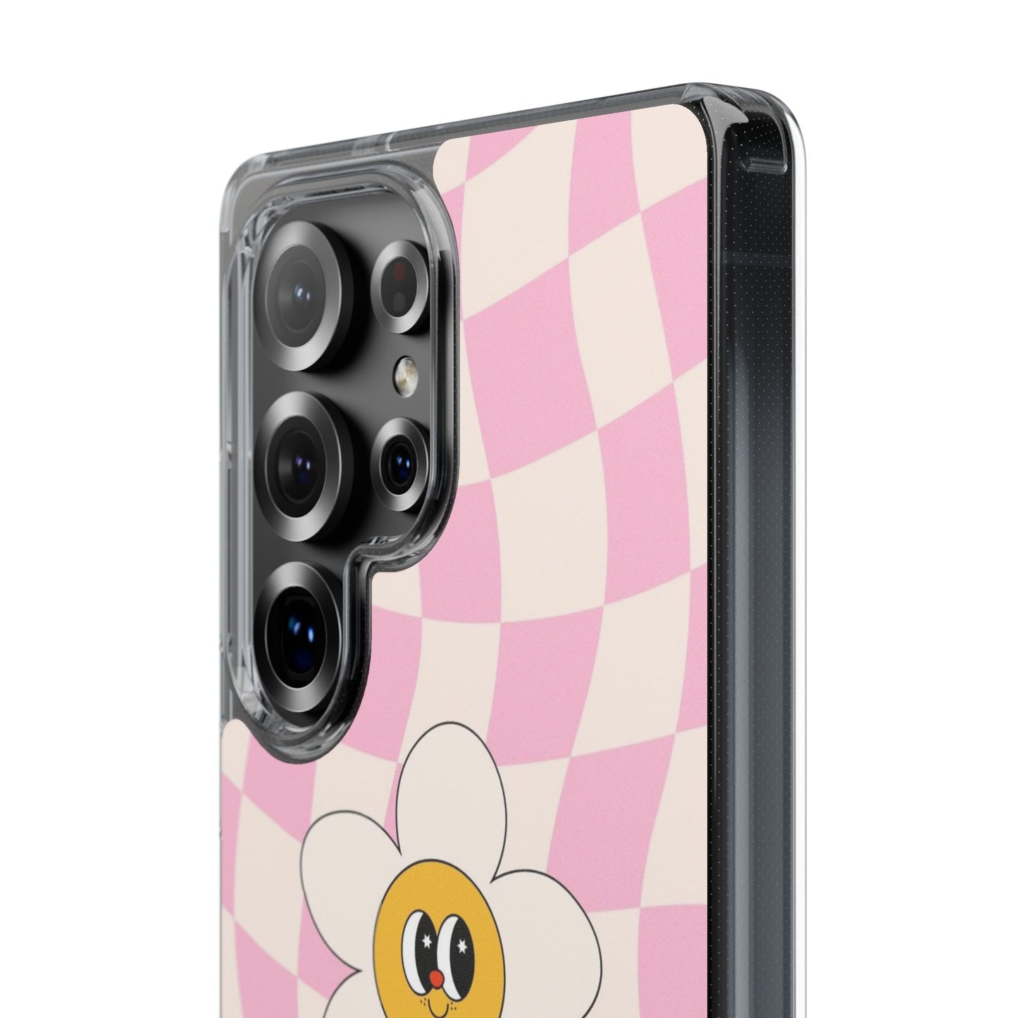 Clear Impact-Resistant Phone Case — Pink Checkerboard Daisy Design
