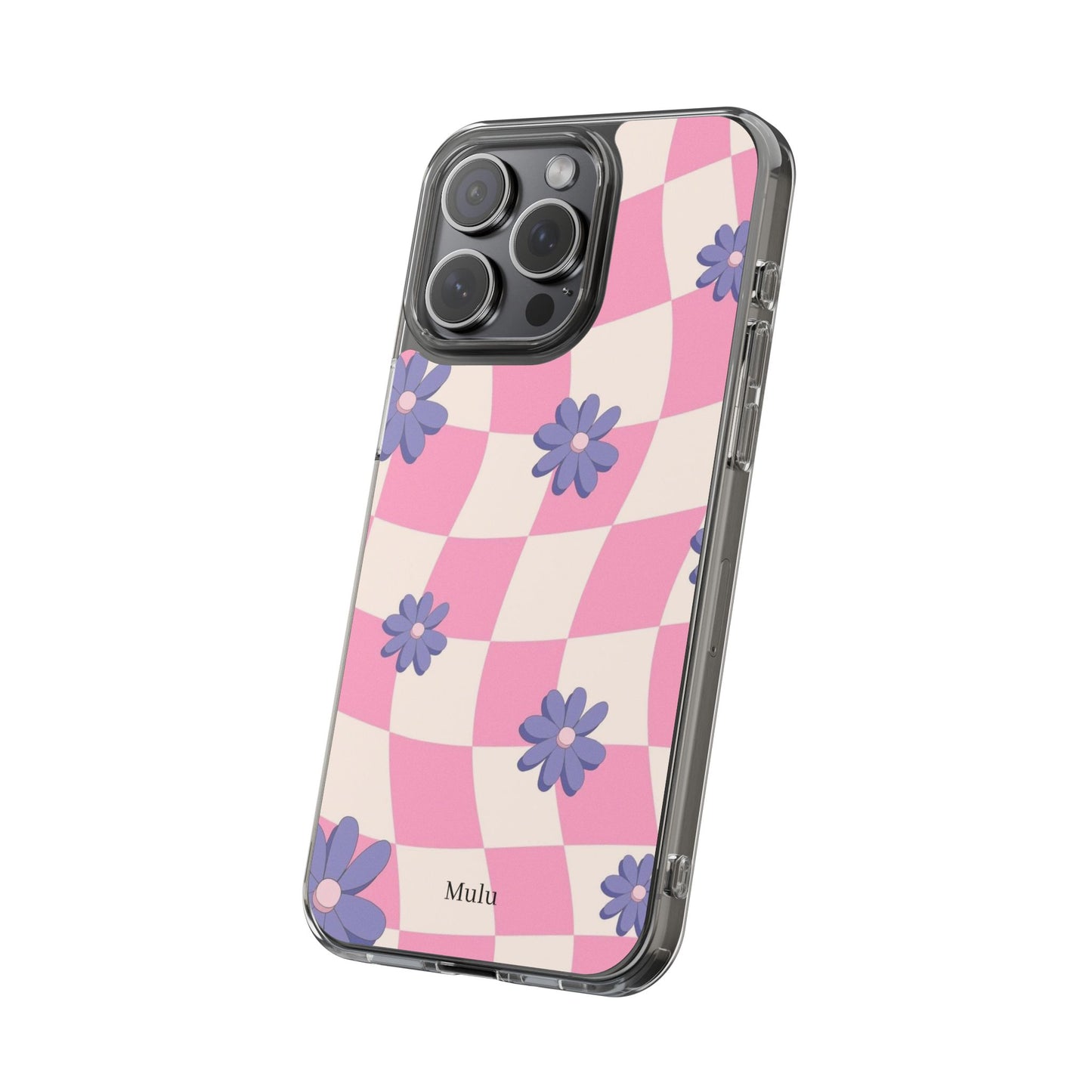 Clear Impact Phone Case — Pink Checkerboard with Purple Flowers