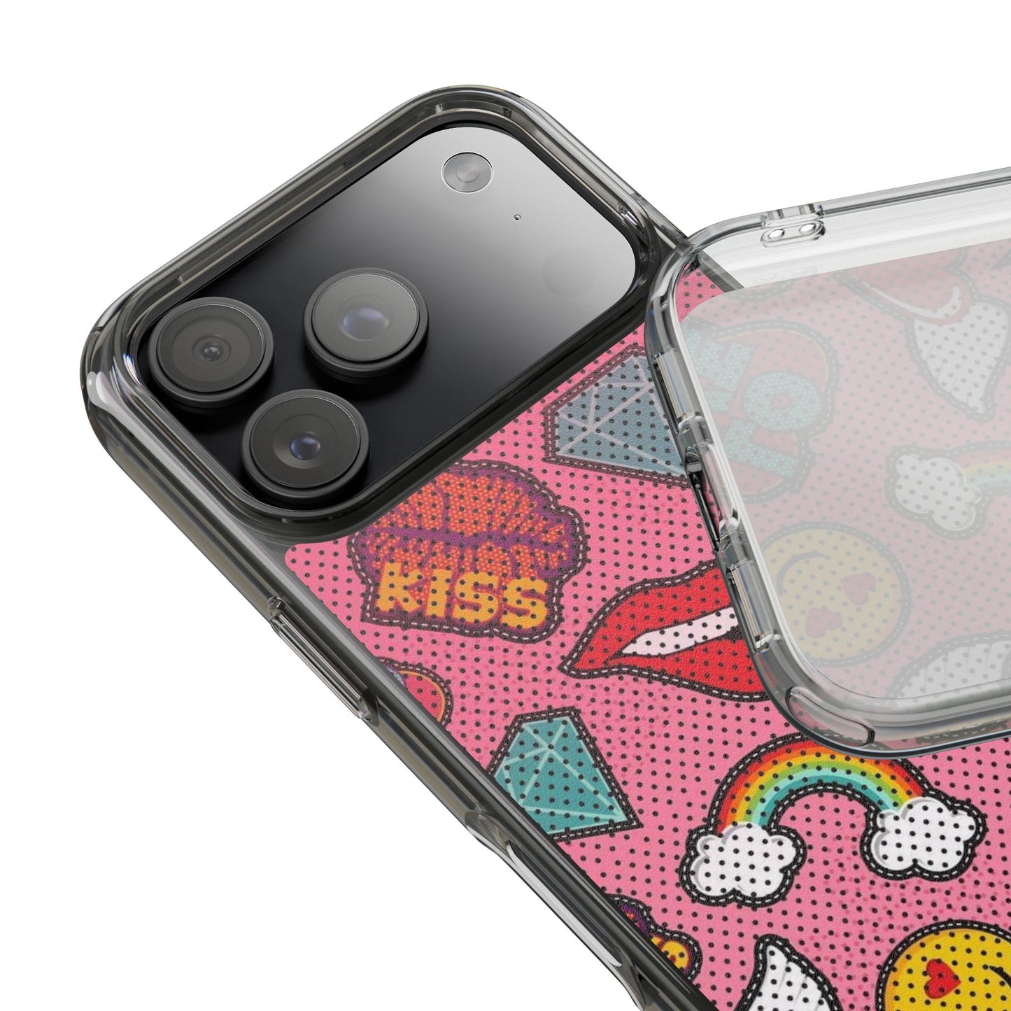 Clear Impact-Resistant Phone Case — Pink Pop Sticker Pattern (Hearts, Rainbows, Smileys)
