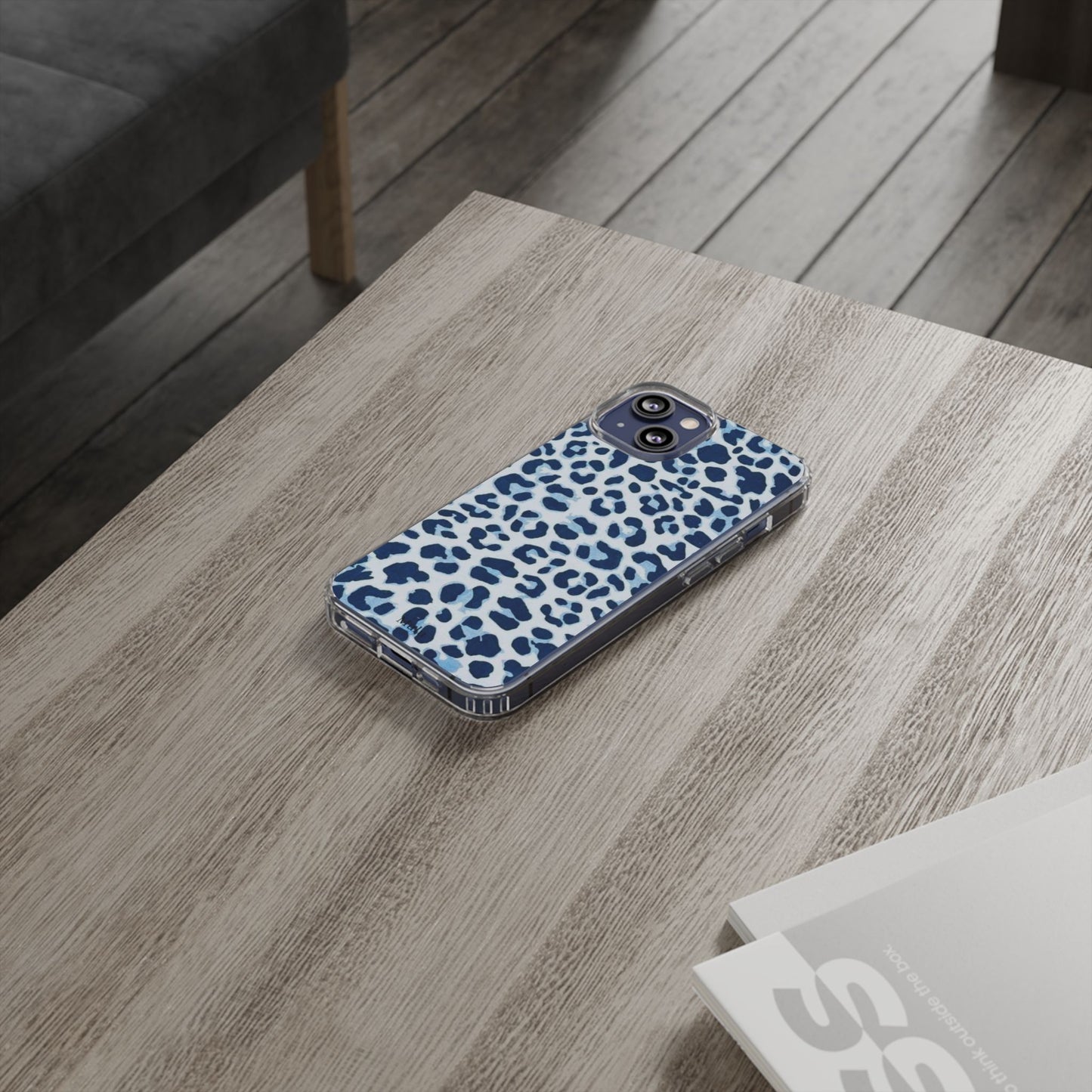 Clear Impact-Resistant Phone Case — Blue Watercolor Leopard Print