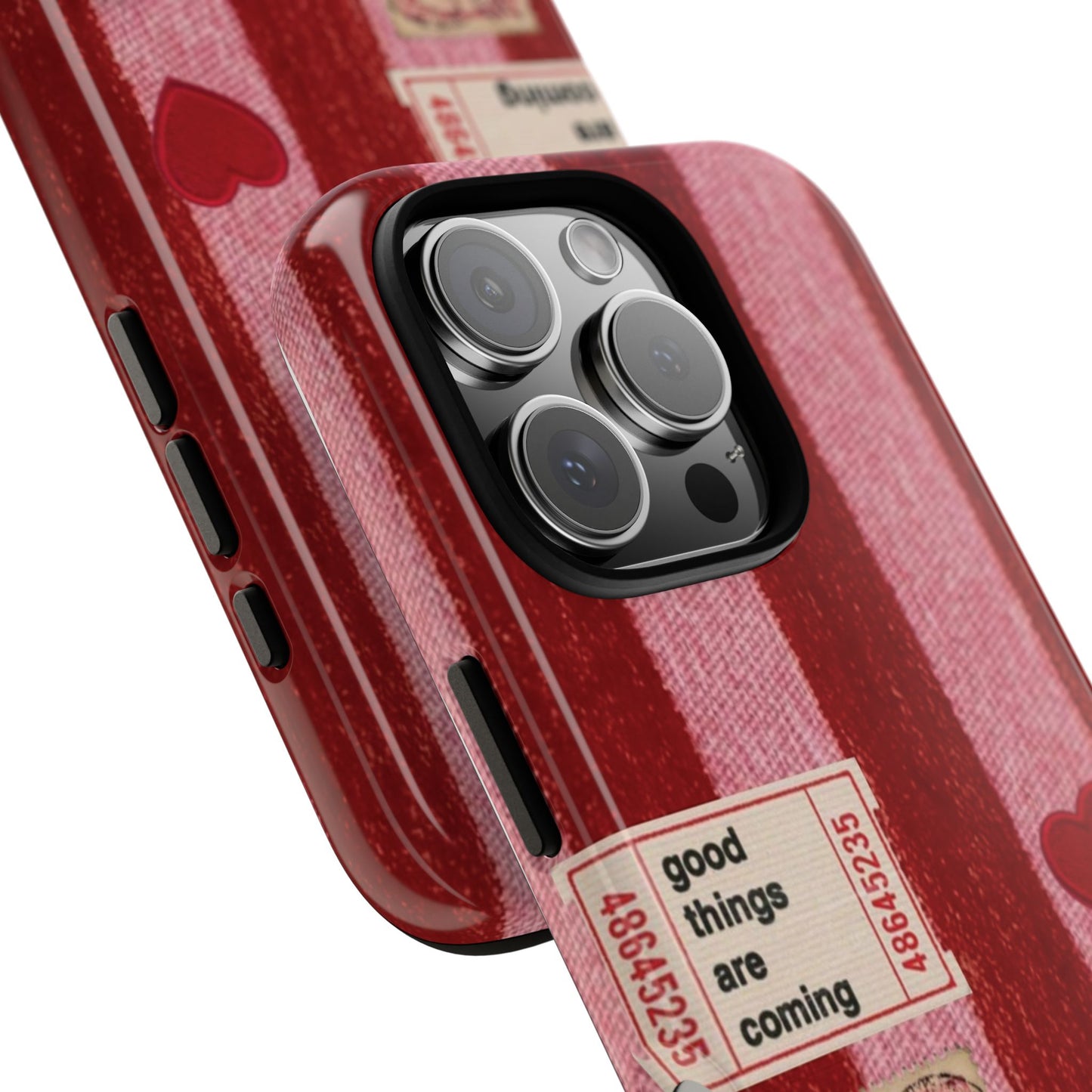 Phone Case — Red Striped Heart Design with “Good Things Are Coming”
