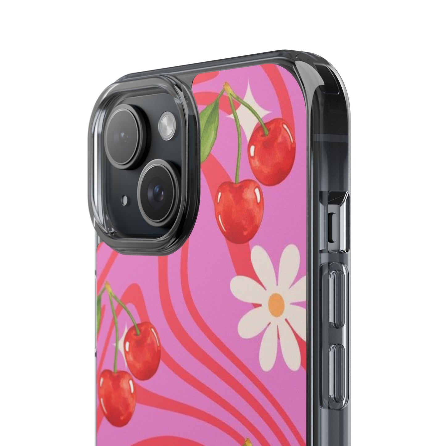 Clear Impact Phone Case — Retro Cherry & Daisy Floral Design