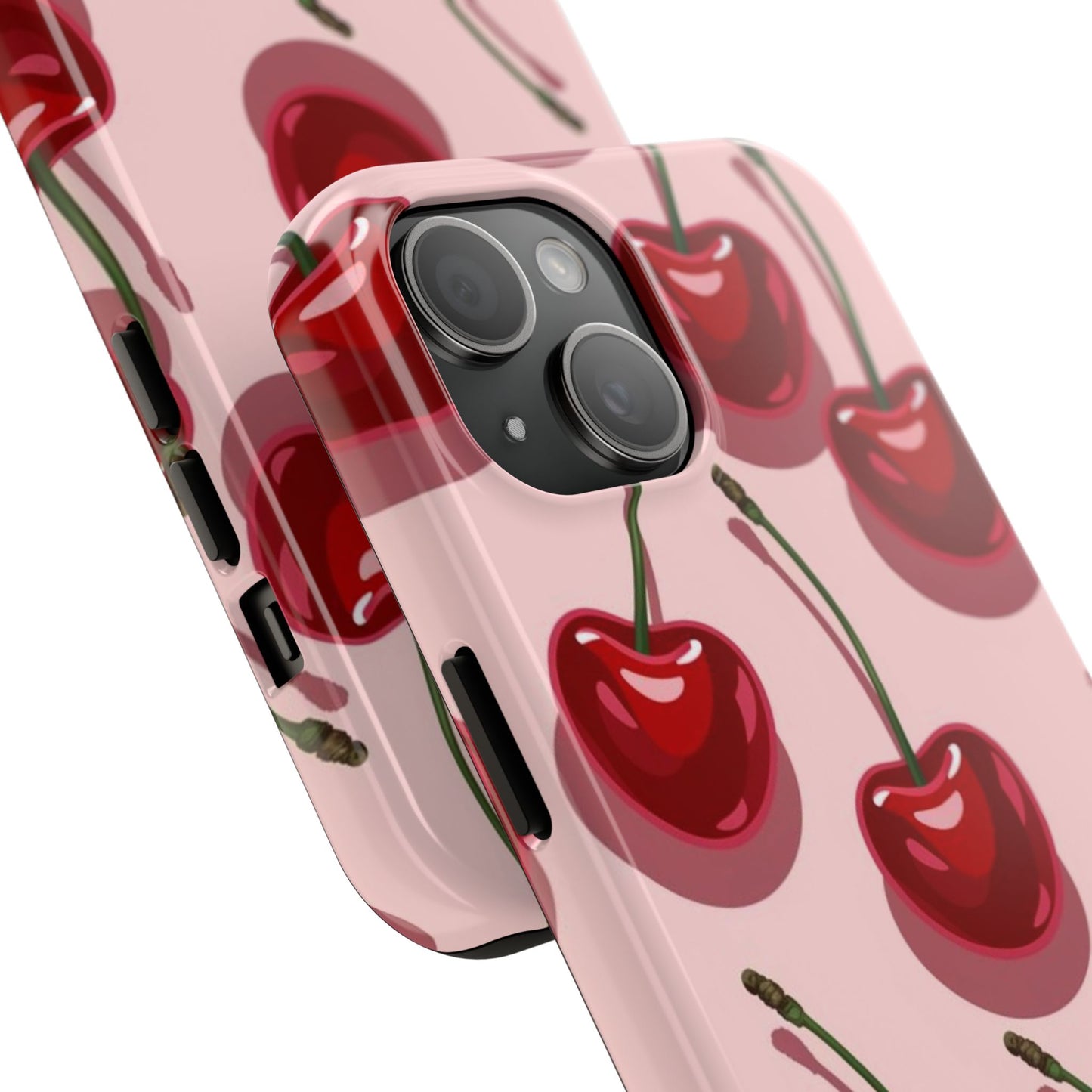 Cherry Pattern Tough Phone Case — Retro Pink Cherry Print Protective Phone Case