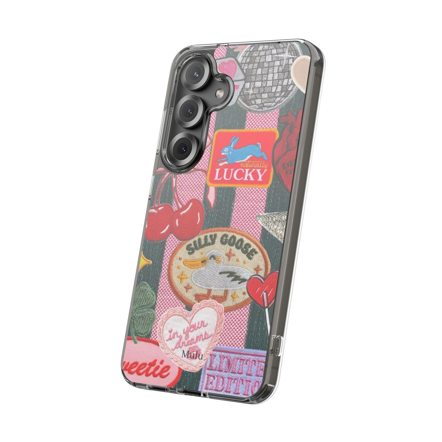 Clear Impact-Resistant Phone Case — Retro Patchwork Stickers (Lucky, Cherries, Silly Goose)