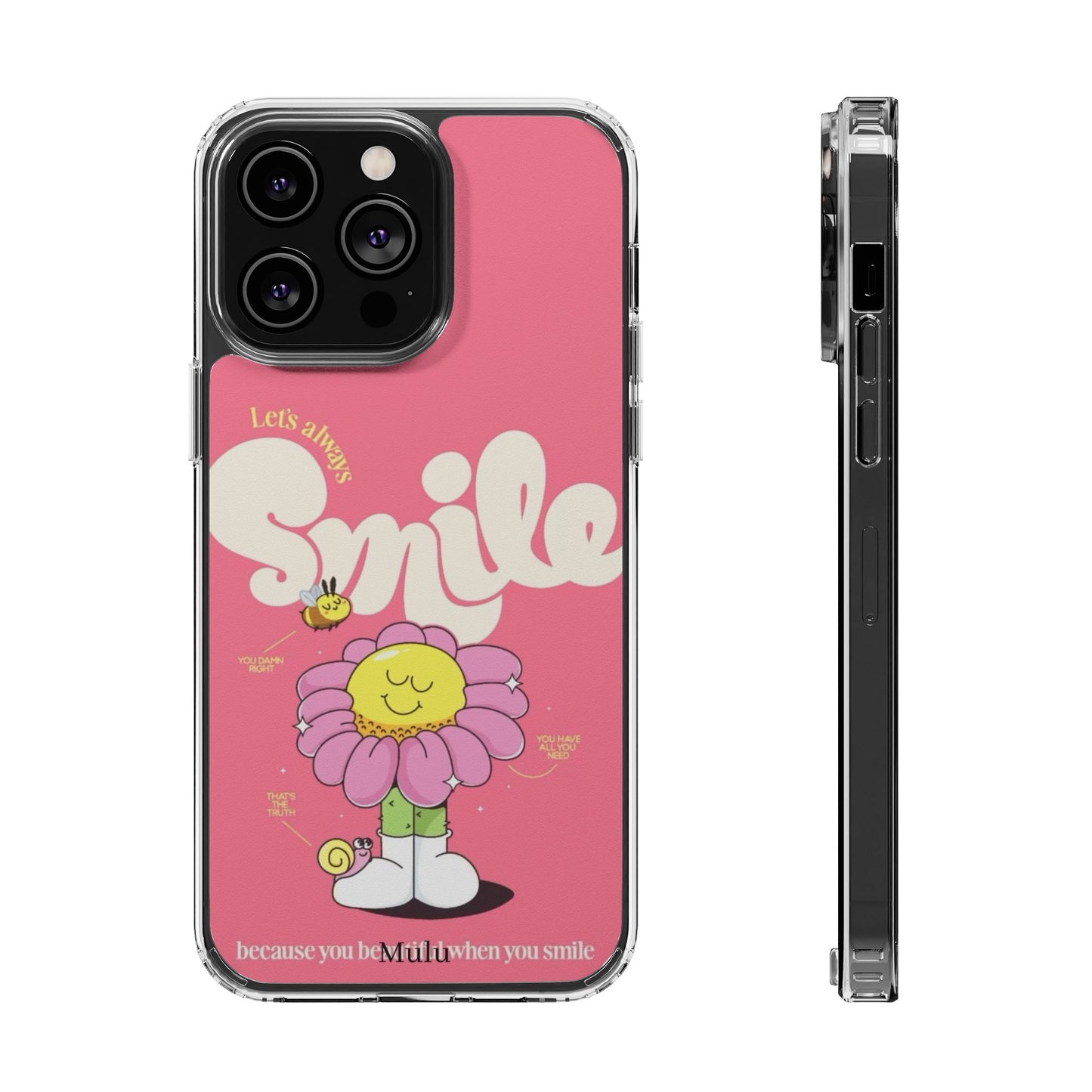 Clear Impact-Resistant Phone Case — Pink 'Smile' Flower Design