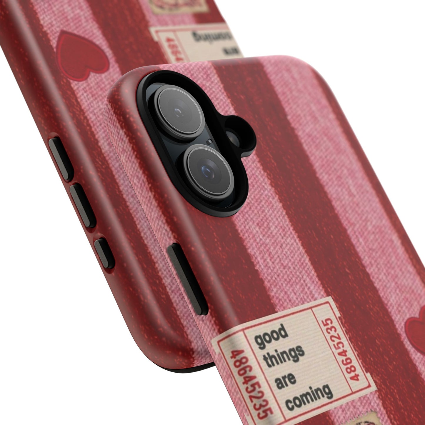 Phone Case — Red Striped Heart Design with “Good Things Are Coming”
