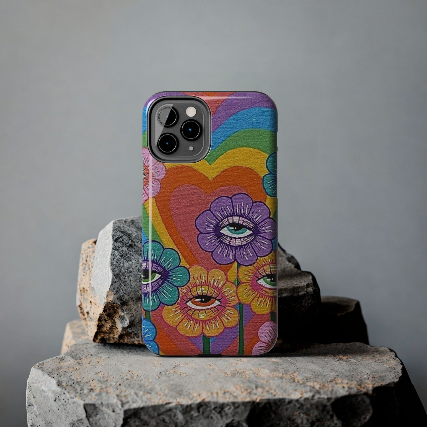 Psychedelic Eye Flower Tough Phone Case — Retro Rainbow Protective iPhone Cover