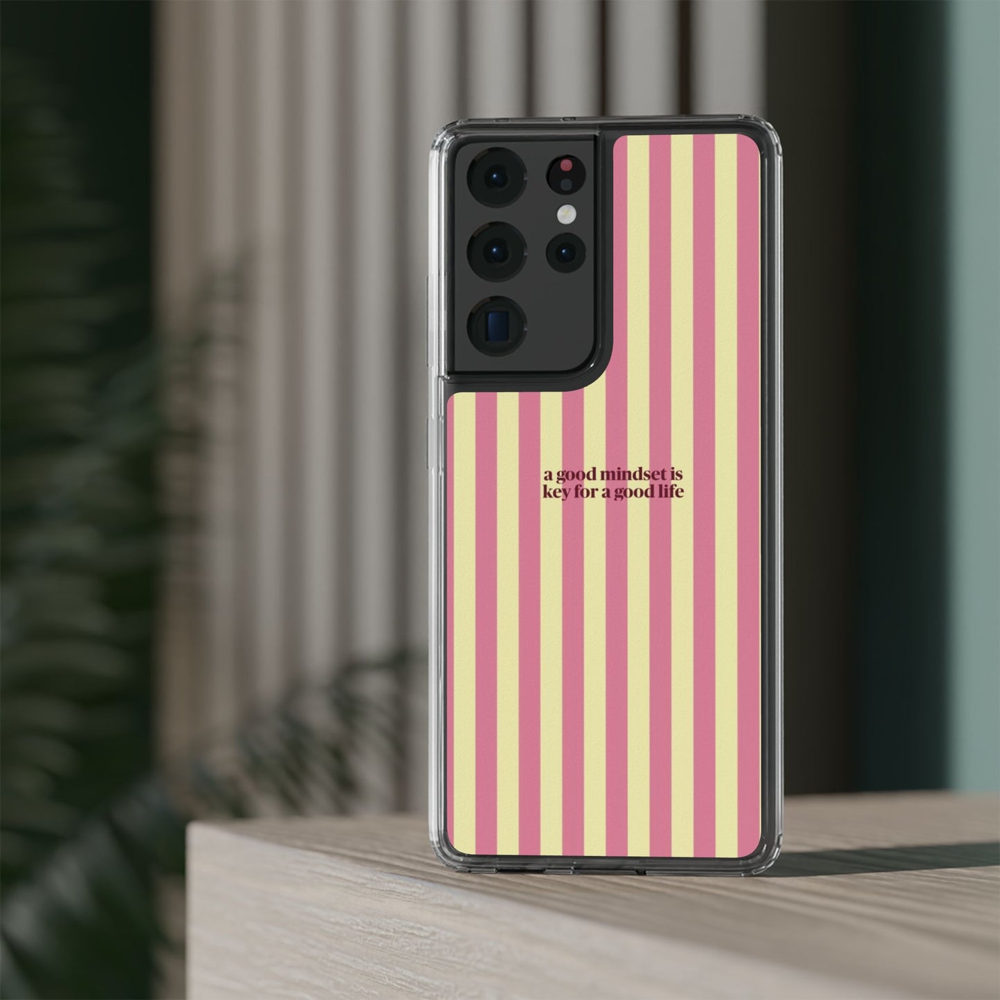 Striped Clear Phone Case — "A Good Mindset Is Key for a Good Life" Motivational iPhone Case