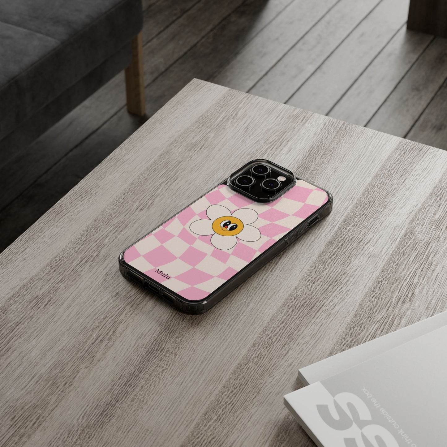 Clear Impact-Resistant Phone Case — Pink Checkerboard Daisy Design