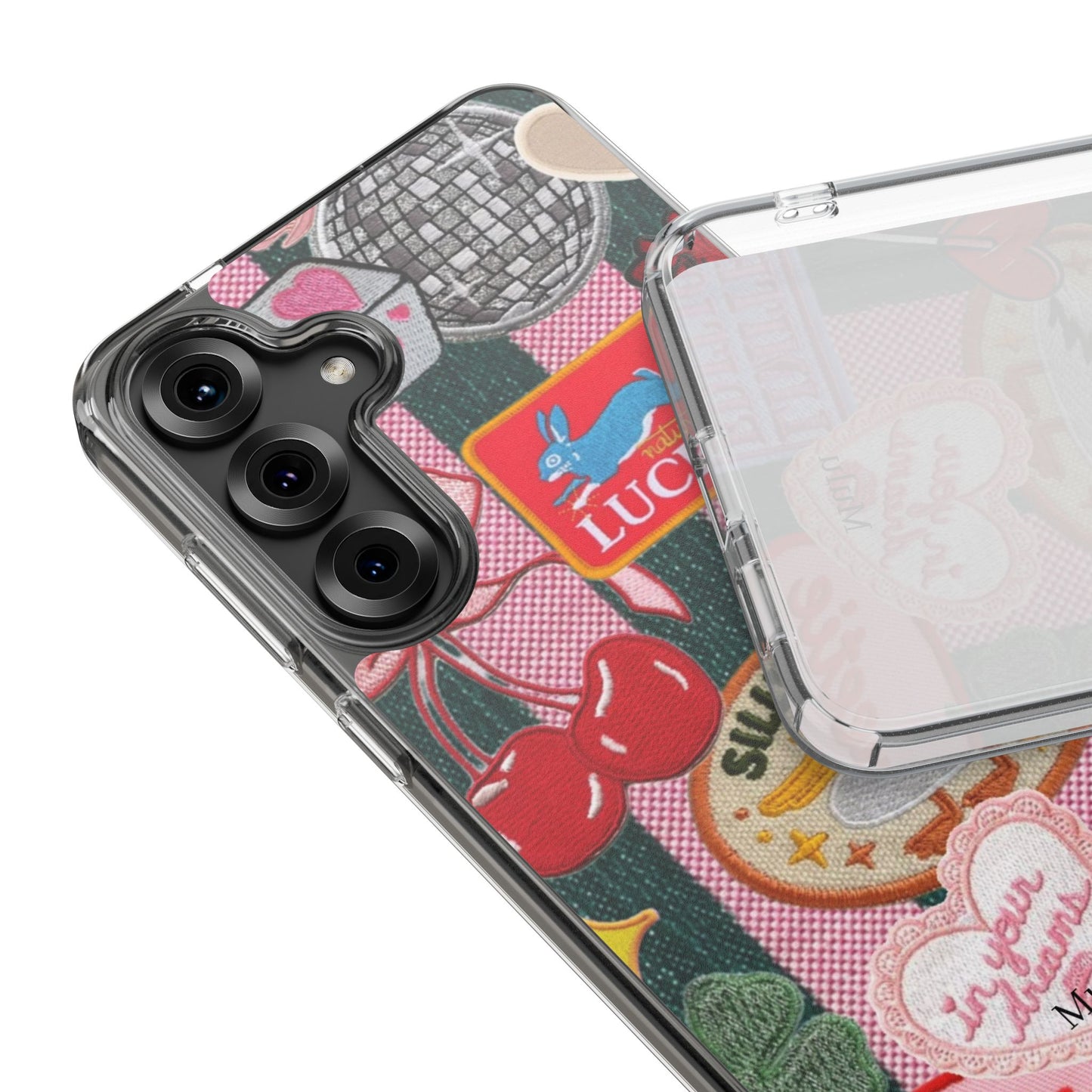 Clear Impact-Resistant Phone Case — Retro Patchwork Stickers (Lucky, Cherries, Silly Goose)