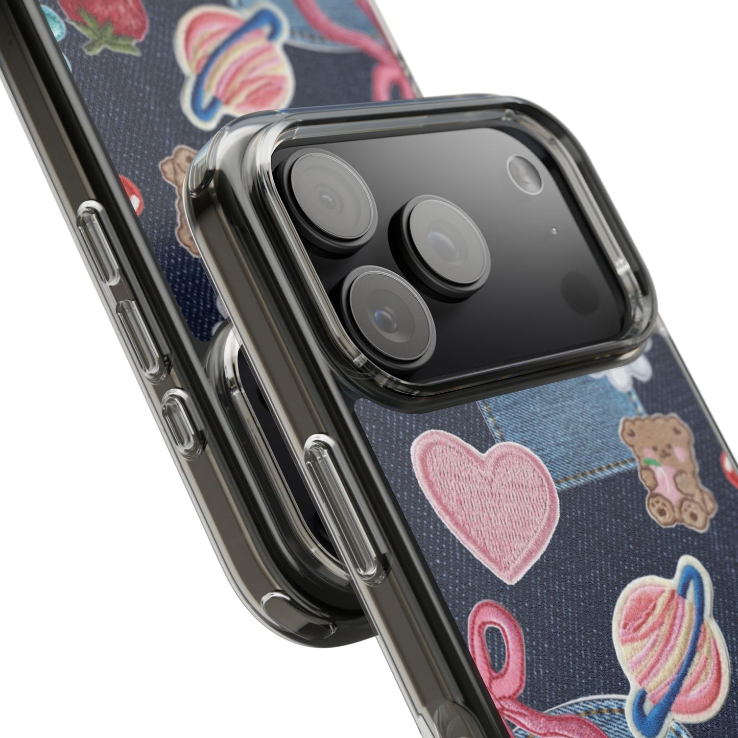 Clear Impact-Resistant Phone Case — Cute Denim Patch Collage (Teddy, Strawberry, Planet)