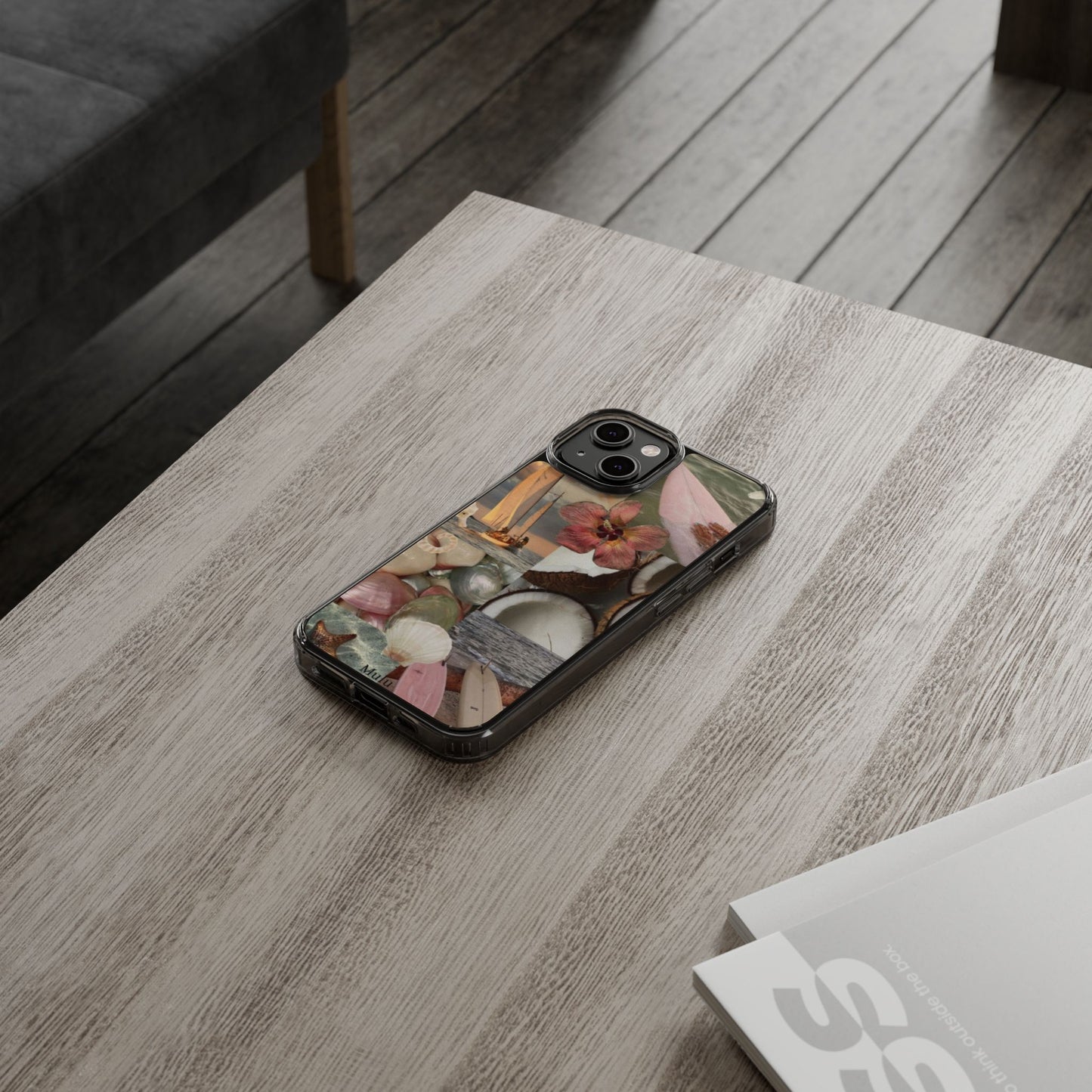 Clear Phone Case — Coastal Collage Shells & Surf Design