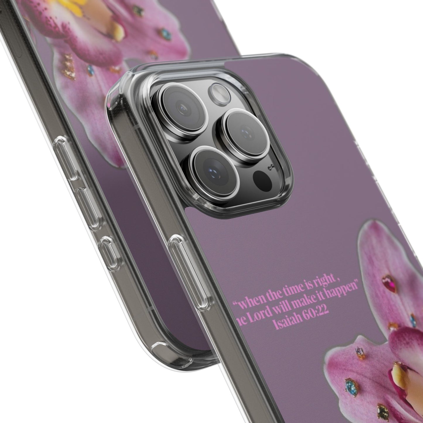 Clear Floral Impact-Resistant Phone Case — "When the time is right" Rose Orchid Design