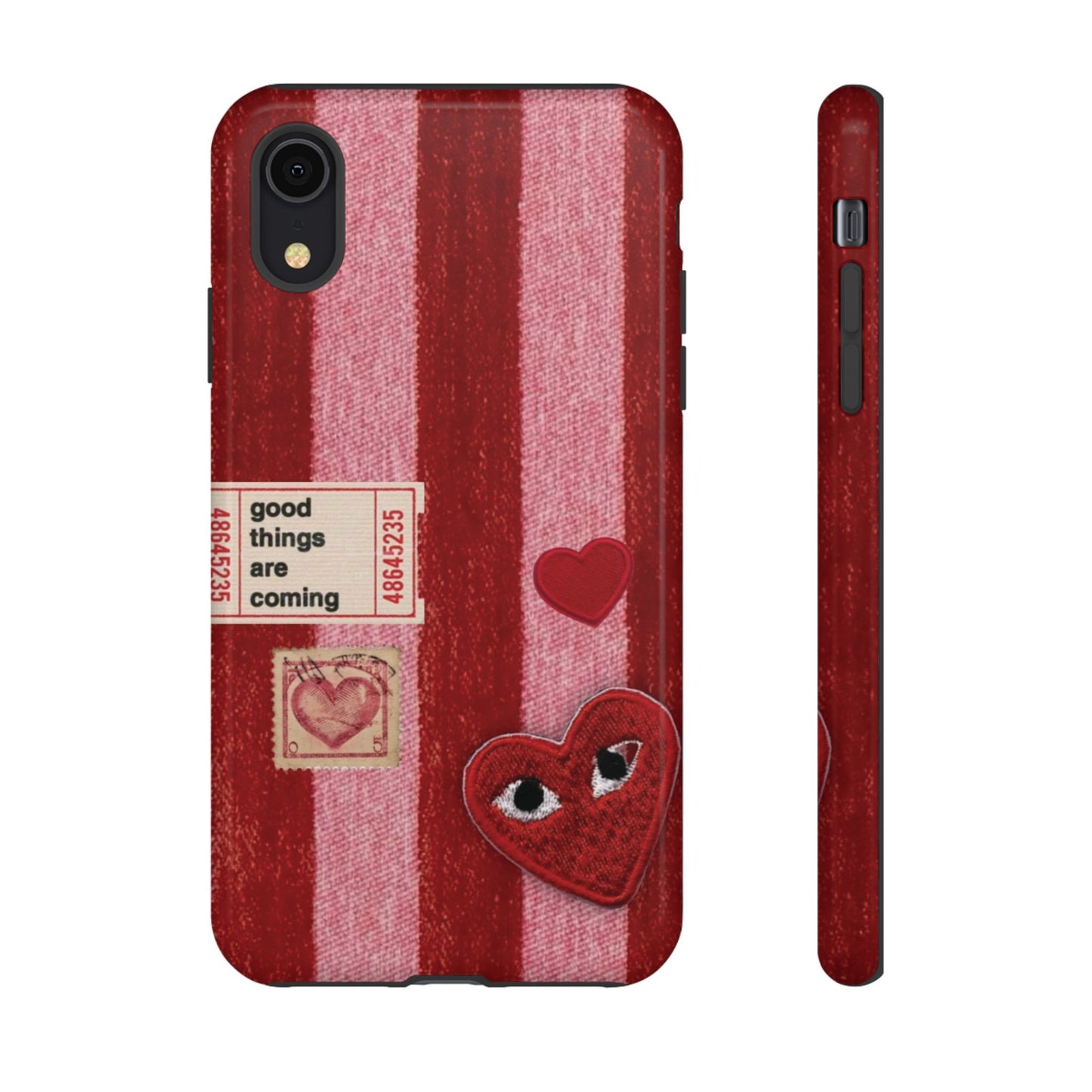 Phone Case — Red Striped Heart Design with “Good Things Are Coming”