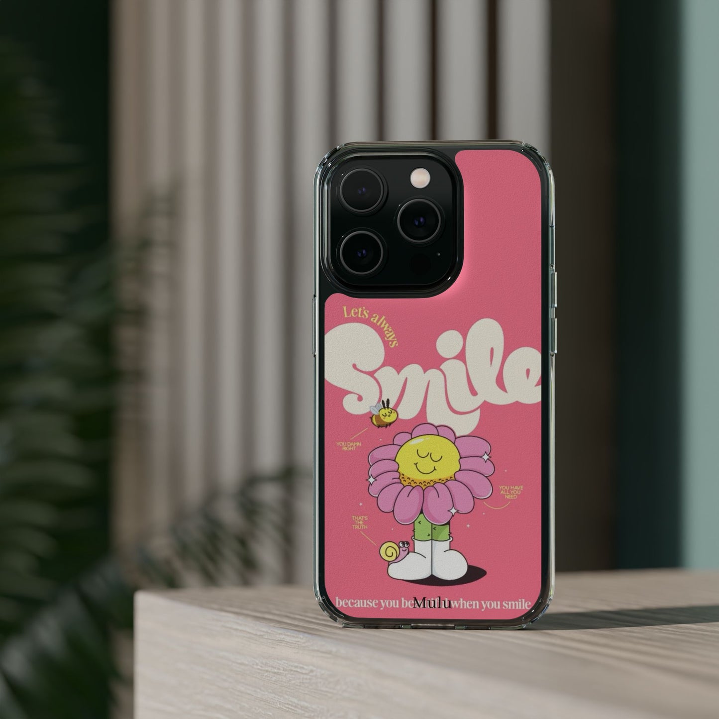 Clear Impact-Resistant Phone Case — Pink 'Smile' Flower Design
