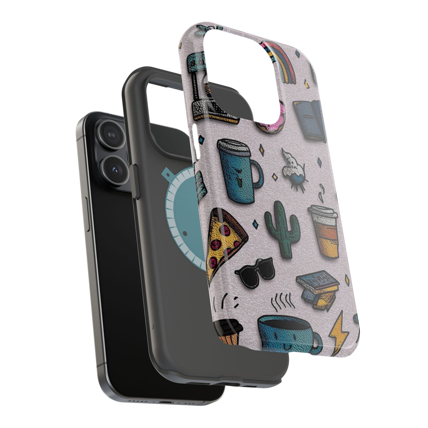 Cute Doodle Phone Case — Magnetic Impact-Resistant Design (coffee, rainbow, cactus)