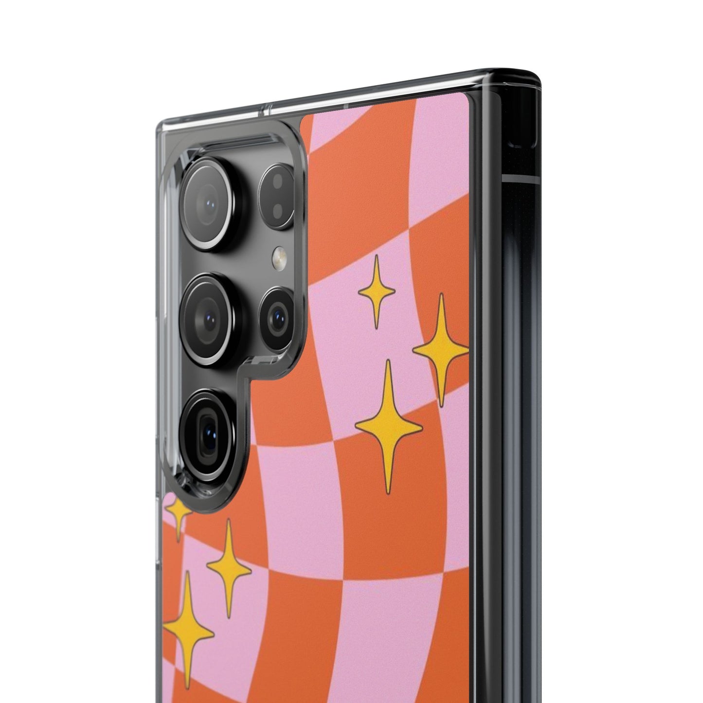 Clear Impact-Resistant Case — Retro Pink & Orange Checker with Sparkle Stars