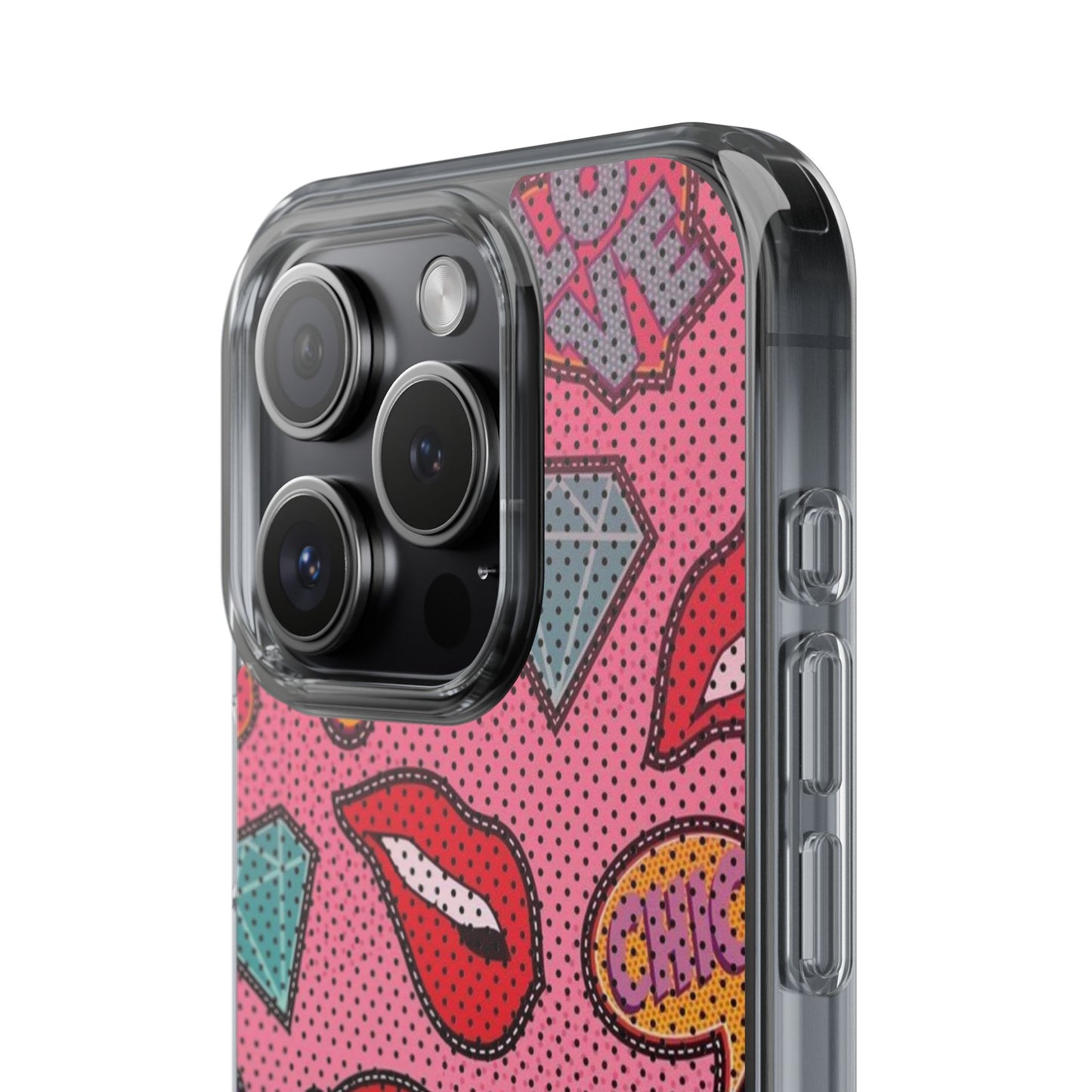 Clear Impact-Resistant Phone Case — Pink Pop Sticker Pattern (Hearts, Rainbows, Smileys)