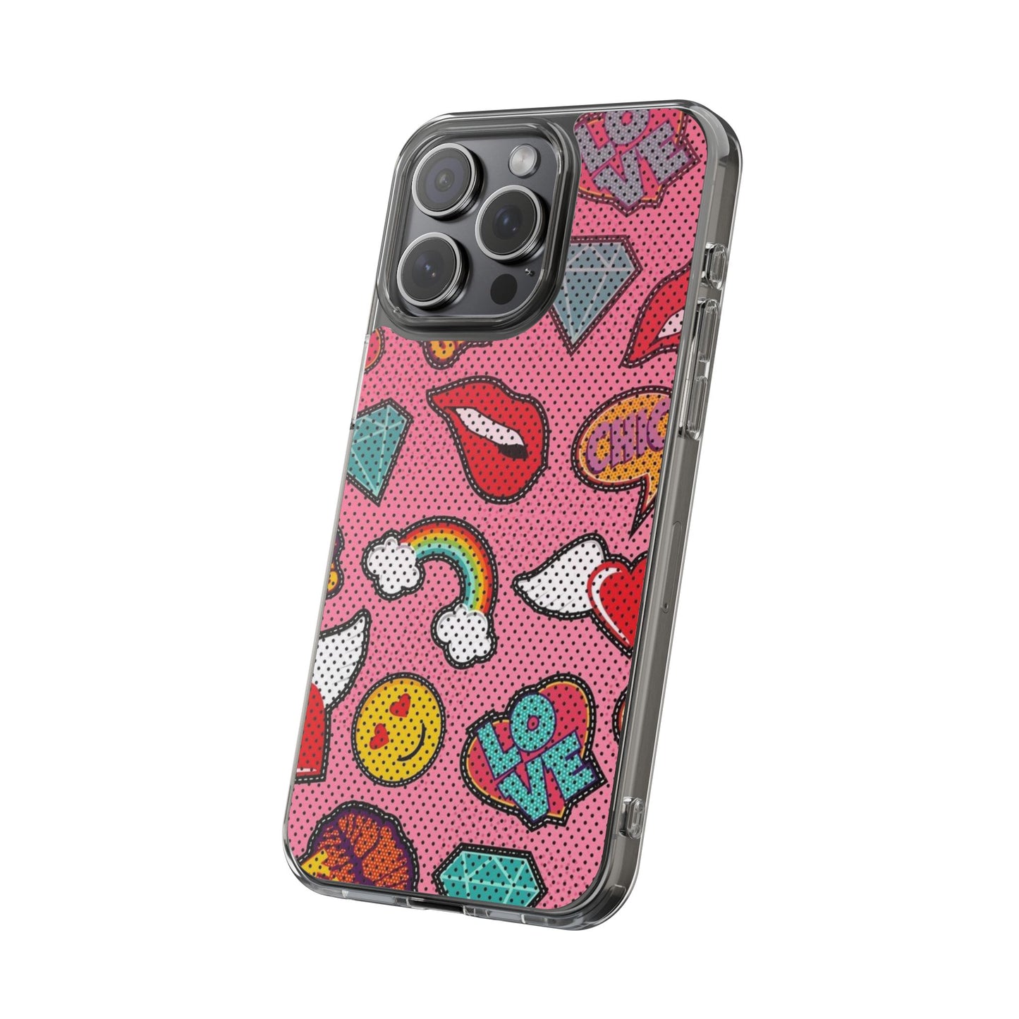 Clear Impact-Resistant Phone Case — Pink Pop Sticker Pattern (Hearts, Rainbows, Smileys)