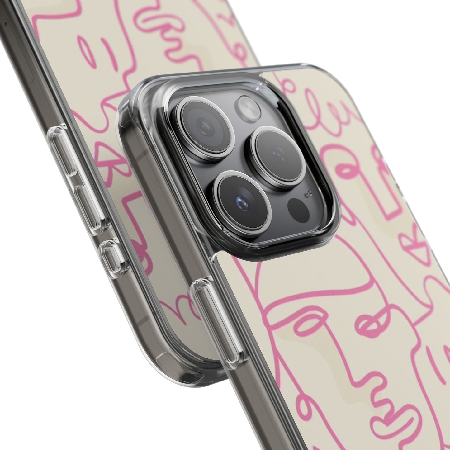 Clear Impact-Resistant Phone Case — Pink Minimalist Line Faces Design