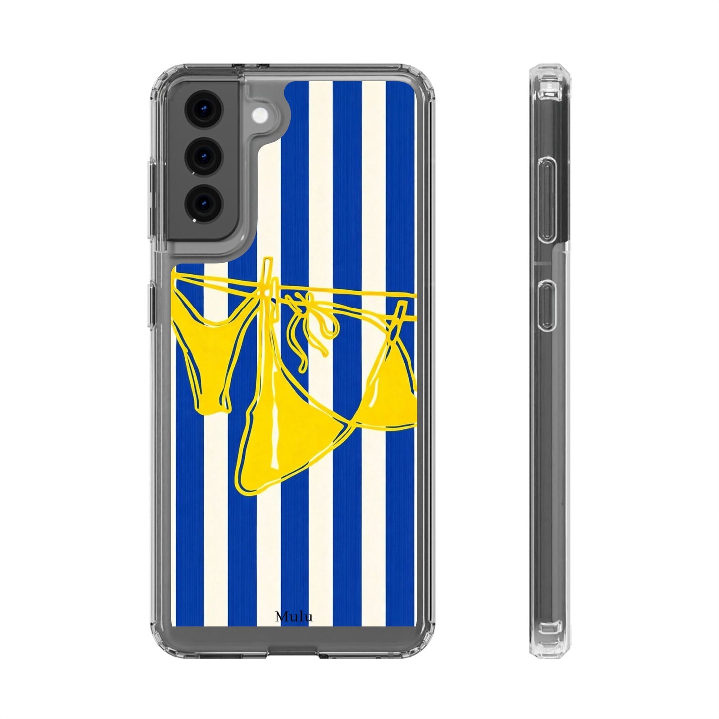 Striped Beach Bikini Phone Case — Yellow Swimwear on Blue & White Stripes, Clear Impact-Resistant