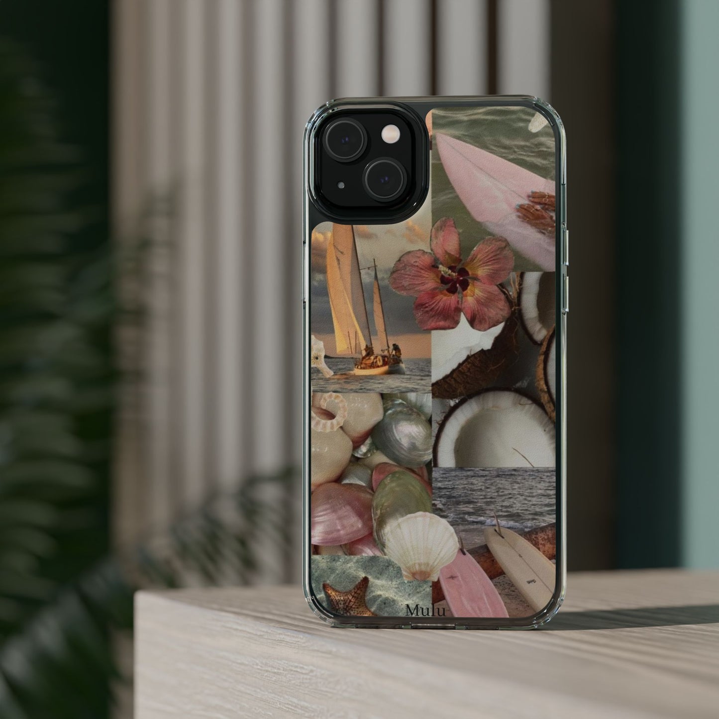 Clear Phone Case — Coastal Collage Shells & Surf Design