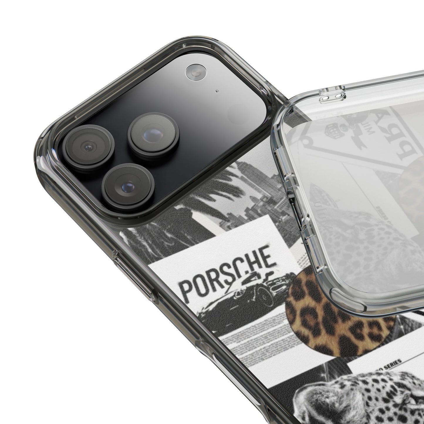 Clear Impact-Resistant Phone Case — Collage Luxury Leopard & Vintage Car Design