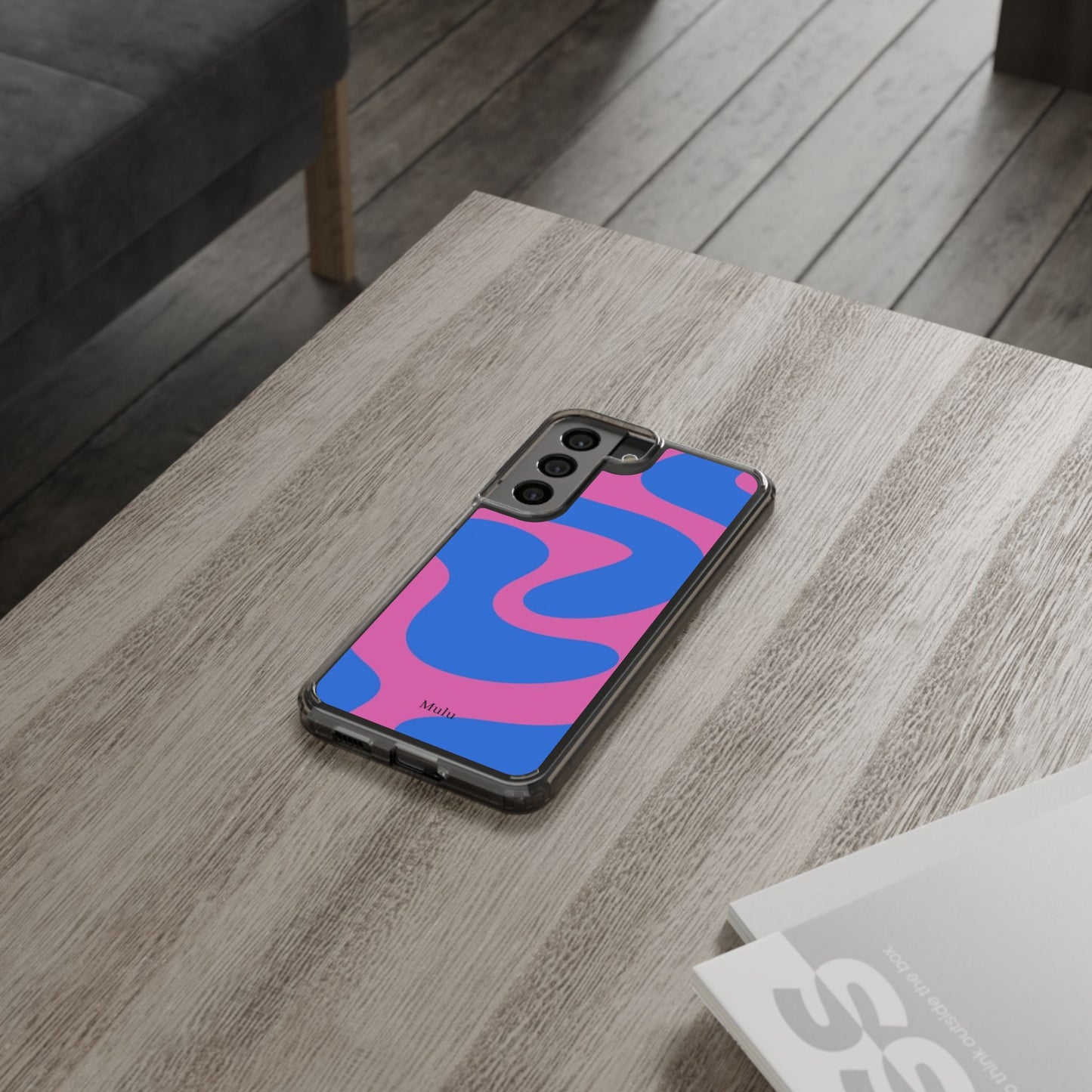 Clear Impact-Resistant Phone Case — Retro Blue & Pink Abstract Swirl