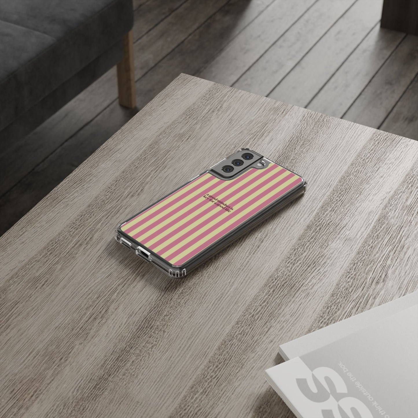 Striped Clear Phone Case — "A Good Mindset Is Key for a Good Life" Motivational iPhone Case