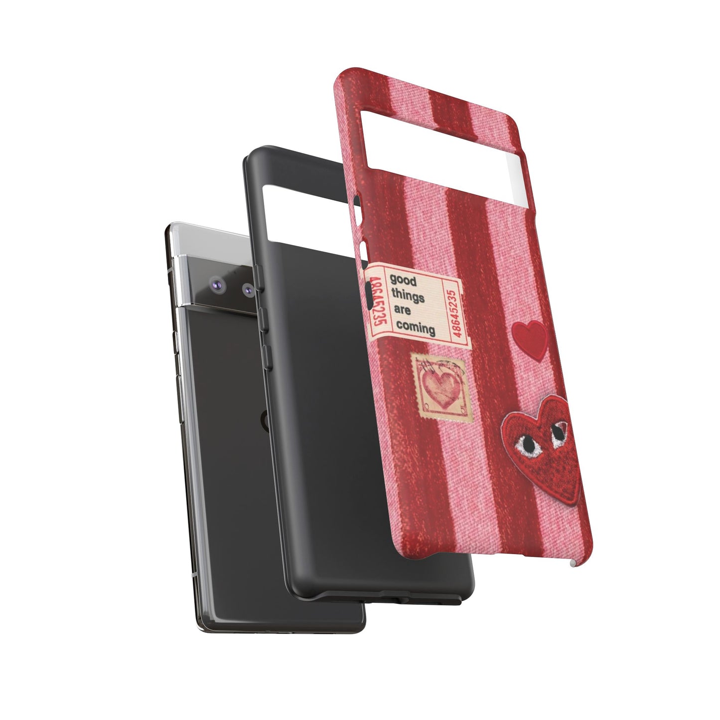 Phone Case — Red Striped Heart Design with “Good Things Are Coming”