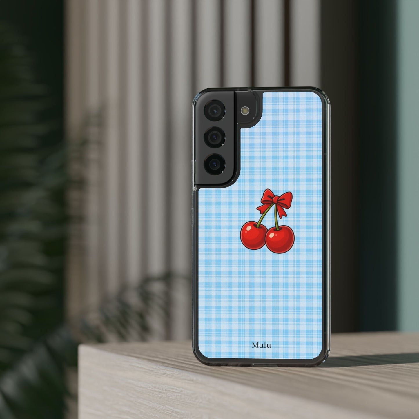 Clear Cherry Gingham Phone Case — Impact-Resistant Clear Case with Red Cherry Design
