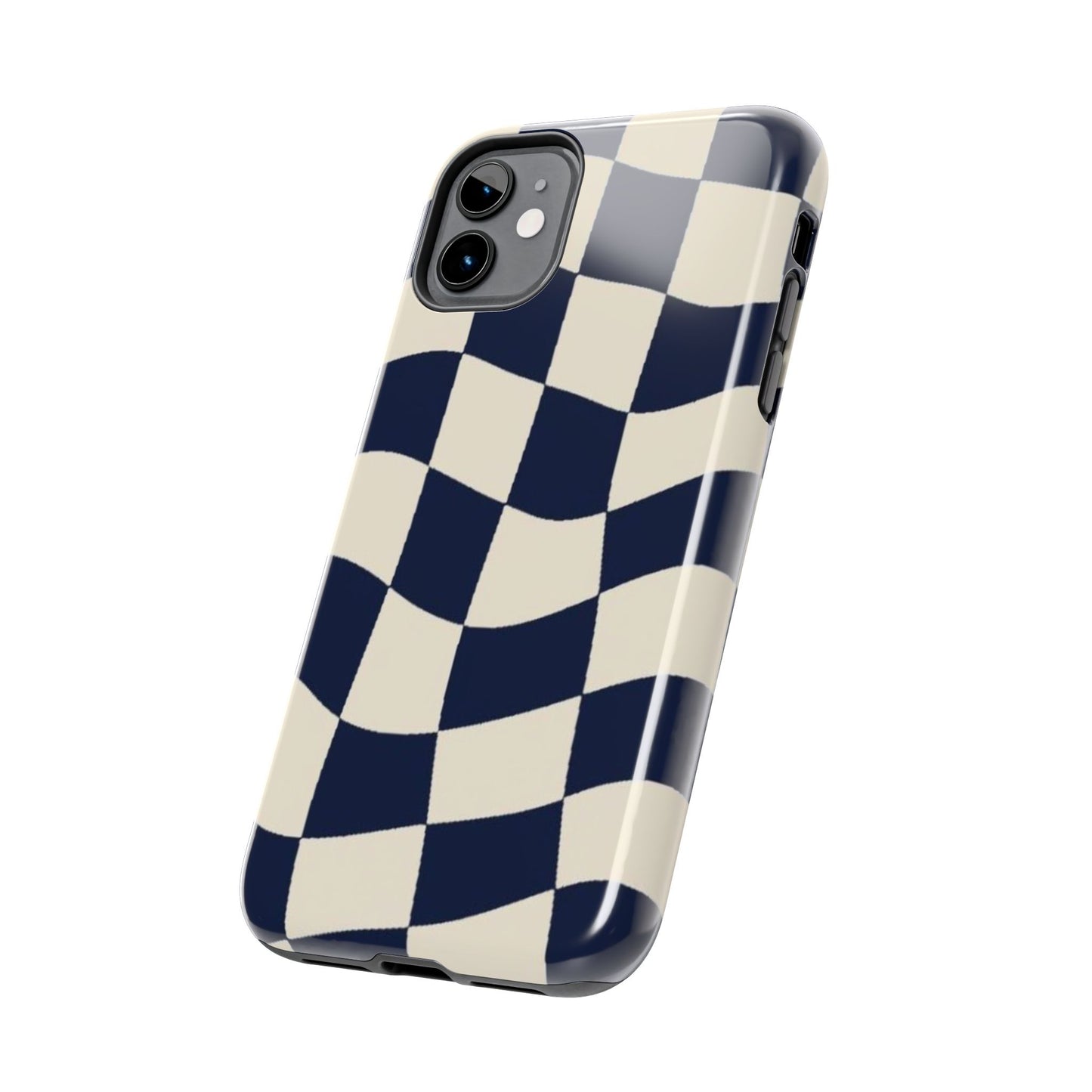 Wavy Checkerboard Tough Phone Case — Navy & Cream Protective Cover