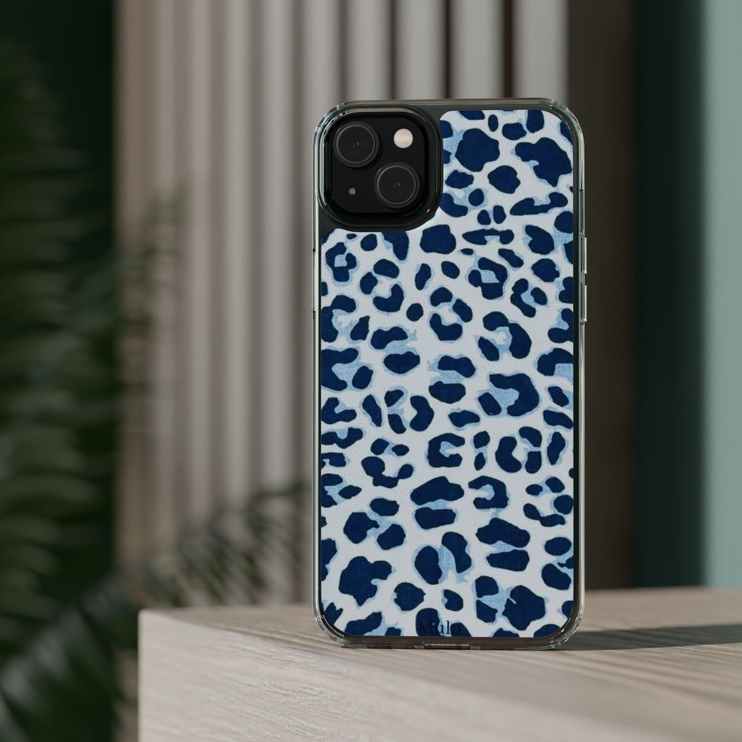 Clear Impact-Resistant Phone Case — Blue Watercolor Leopard Print