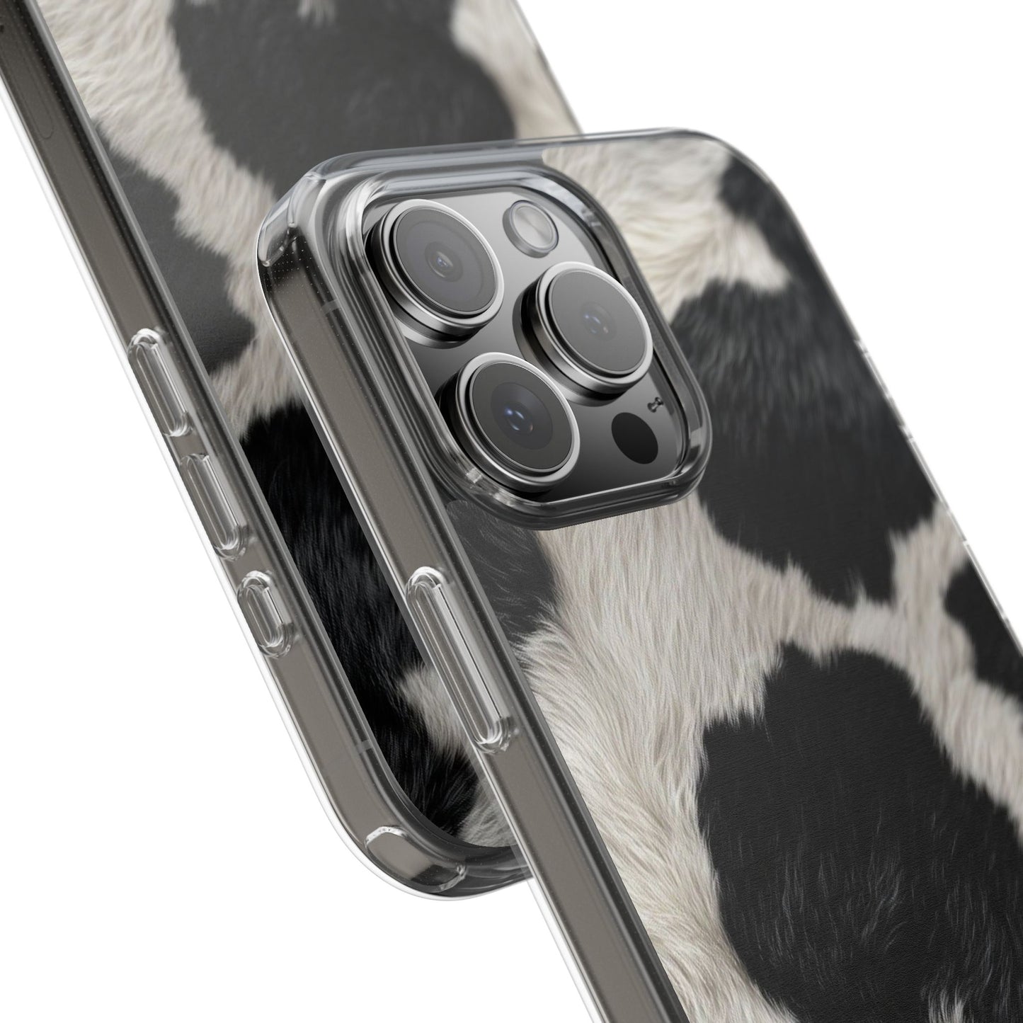 Cow Print Clear Impact Phone Case — Faux Fur Black & White Protection
