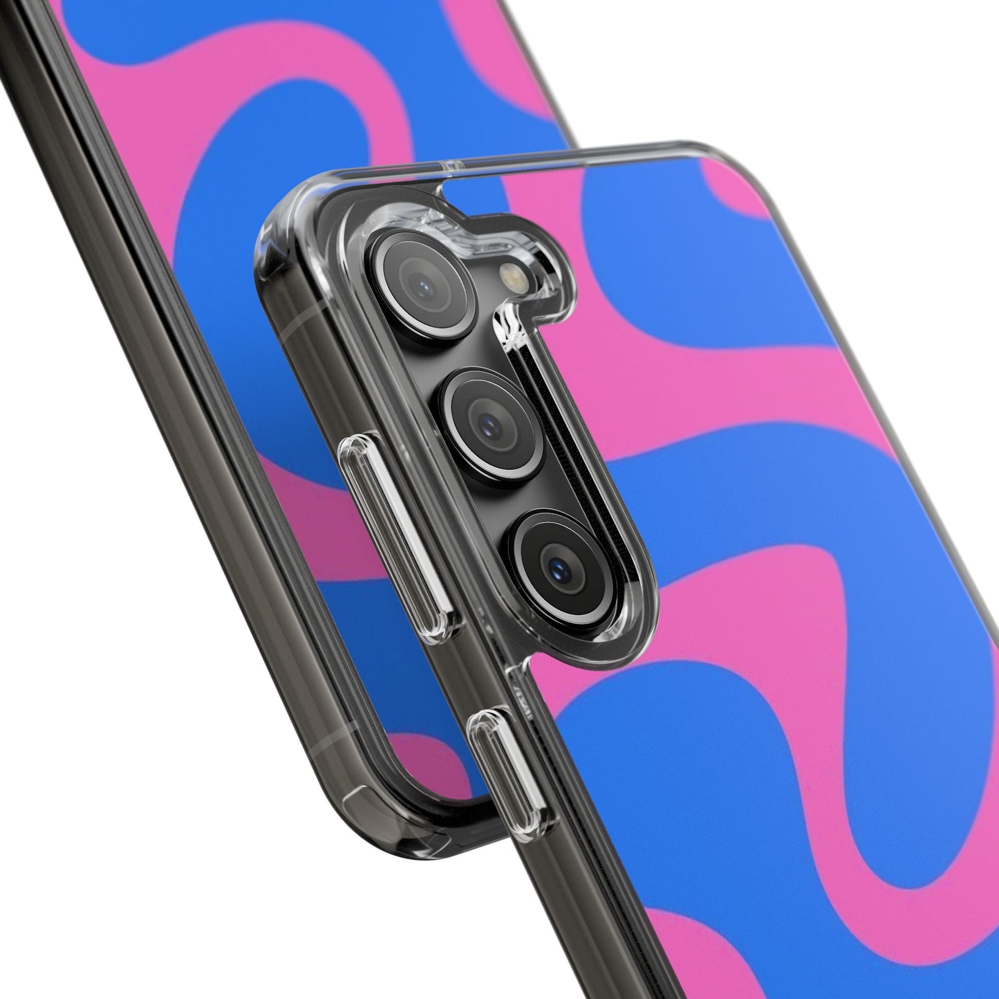 Clear Impact-Resistant Phone Case — Retro Blue & Pink Abstract Swirl