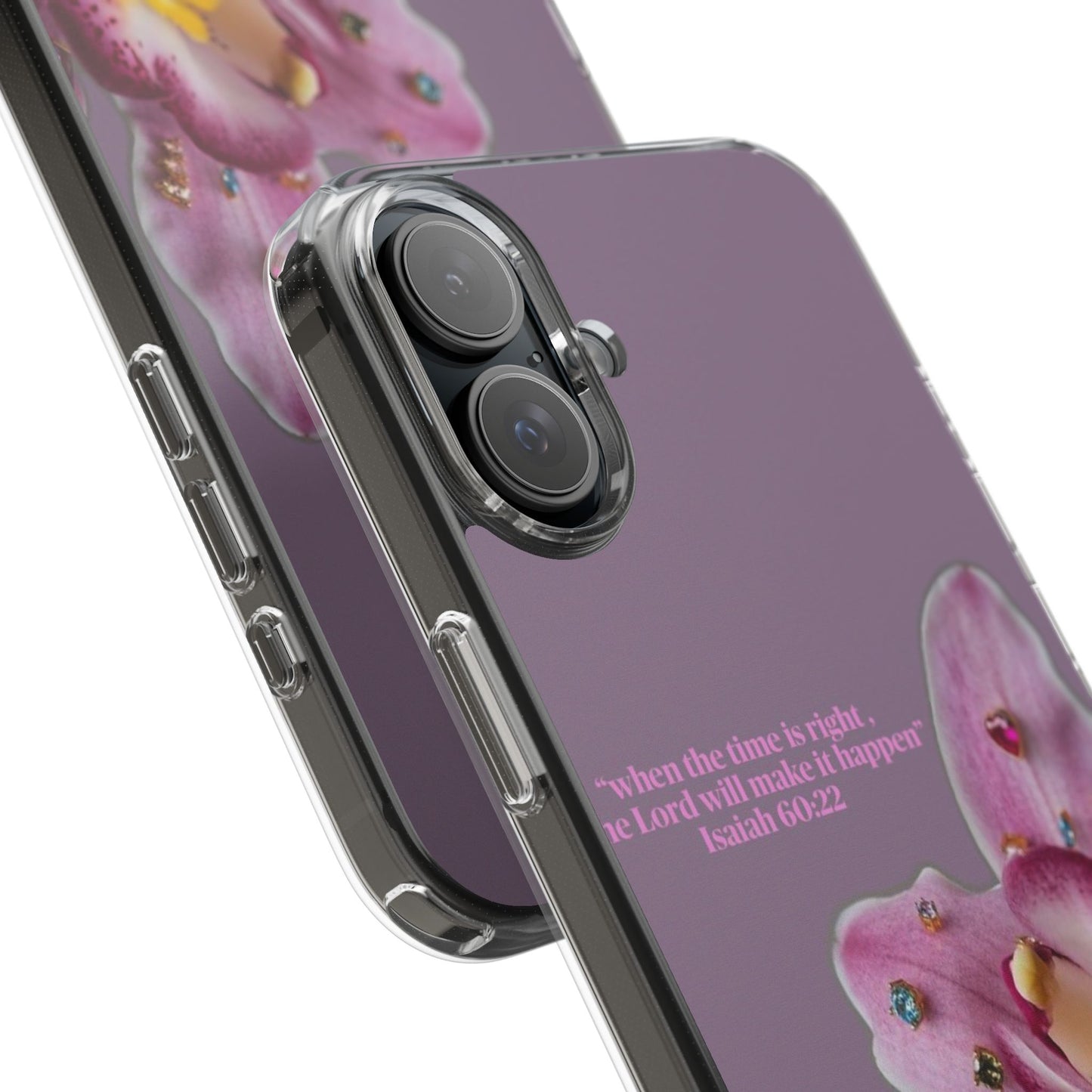 Clear Floral Impact-Resistant Phone Case — "When the time is right" Rose Orchid Design