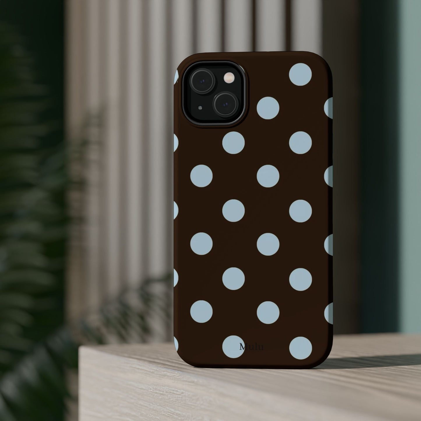 Polka Dot Magnetic Phone Case — Brown with Light Blue Dots, Impact-Resistant