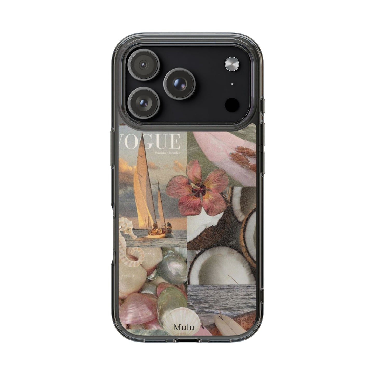 Clear Phone Case — Coastal Collage Shells & Surf Design