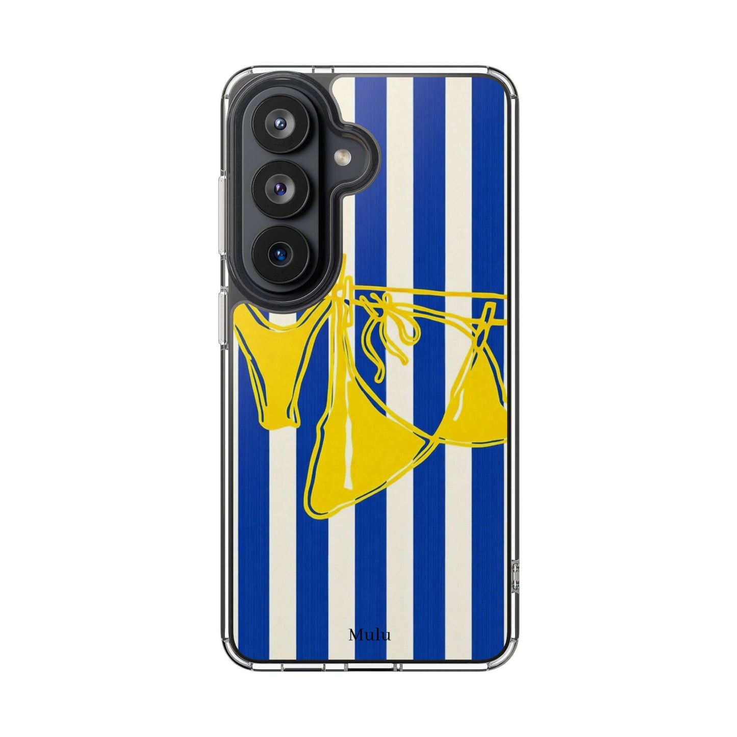 Striped Beach Bikini Phone Case — Yellow Swimwear on Blue & White Stripes, Clear Impact-Resistant