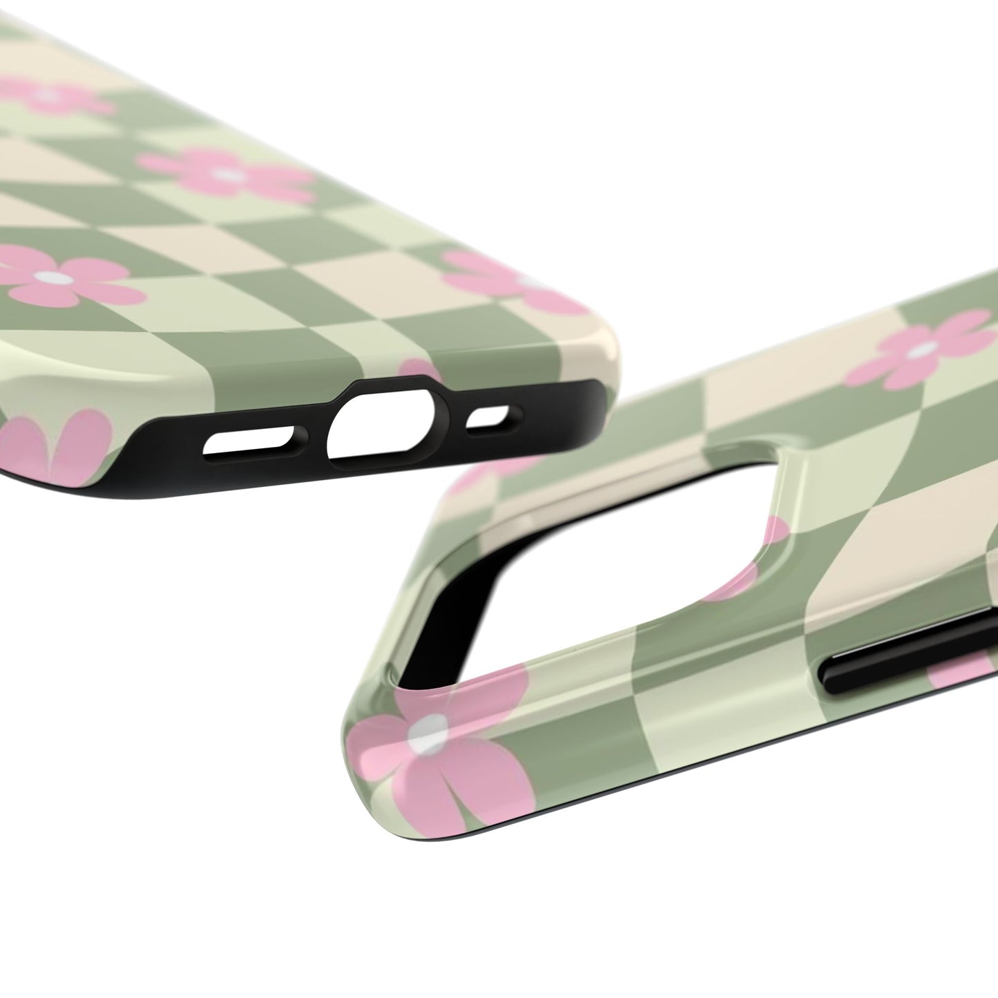 Tough Phone Case — Retro Green Checkerboard with Pink Flowers
