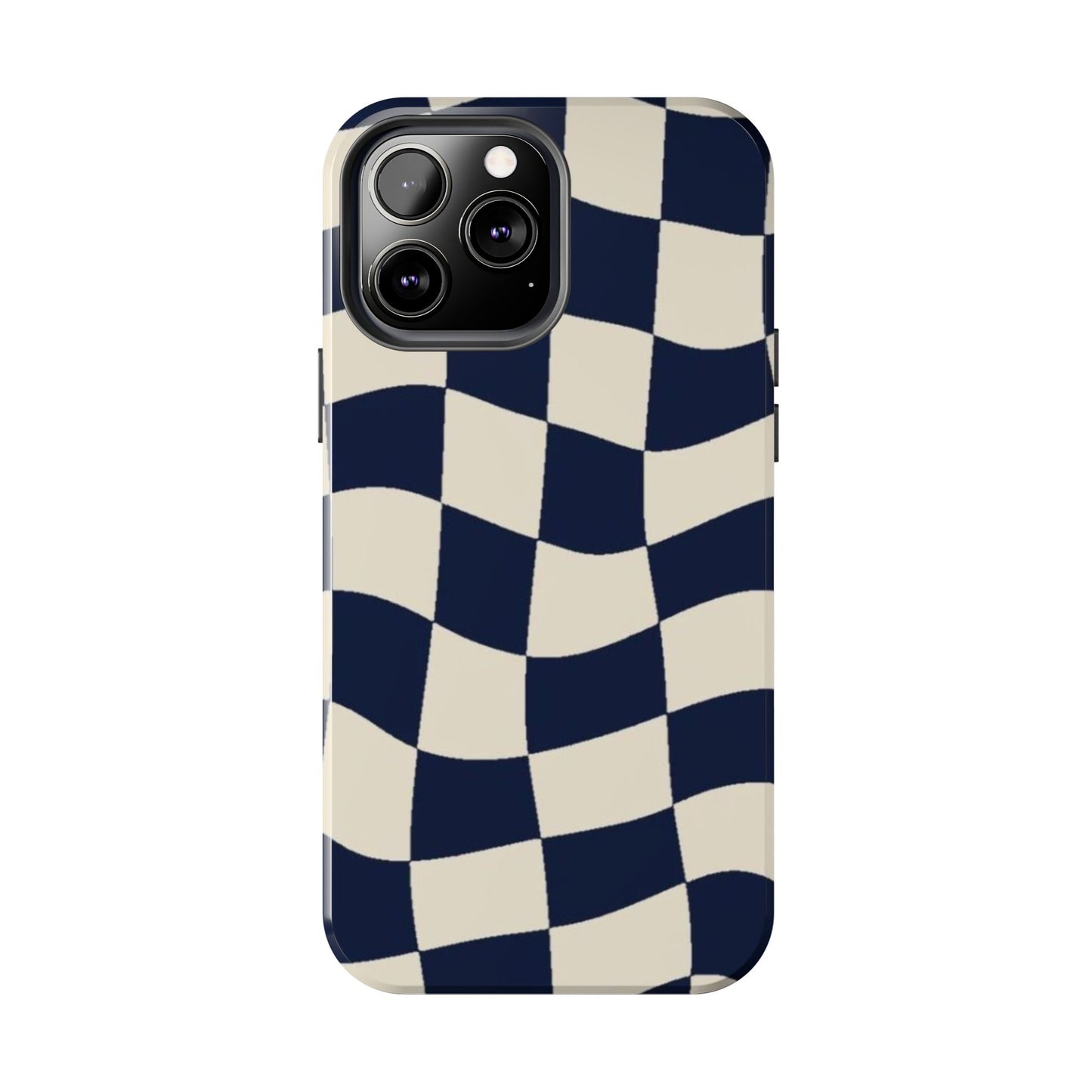 Wavy Checkerboard Tough Phone Case — Navy & Cream Protective Cover