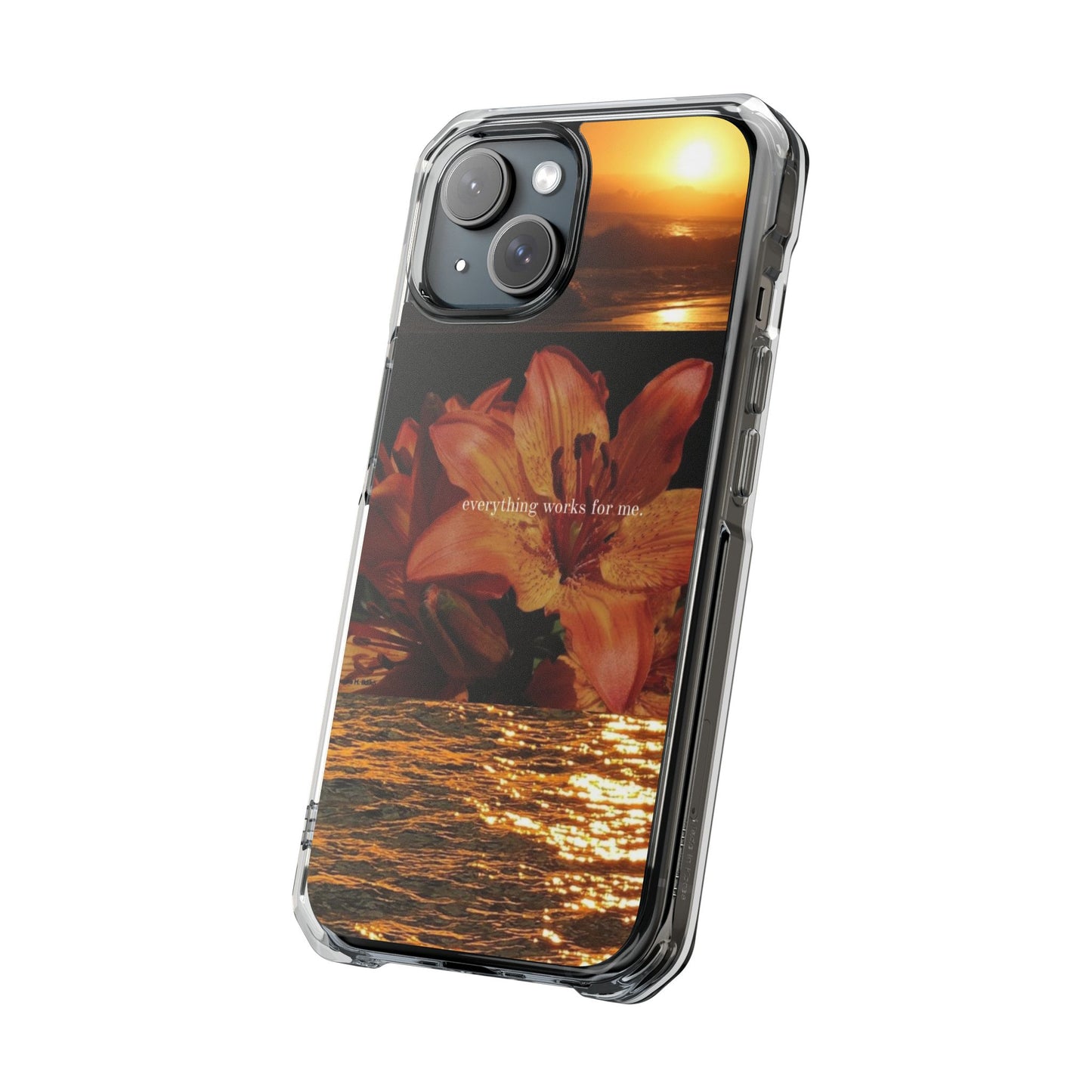 Clear Magnetic Phone Case — Sunset Lily Design ("anything waits for you")