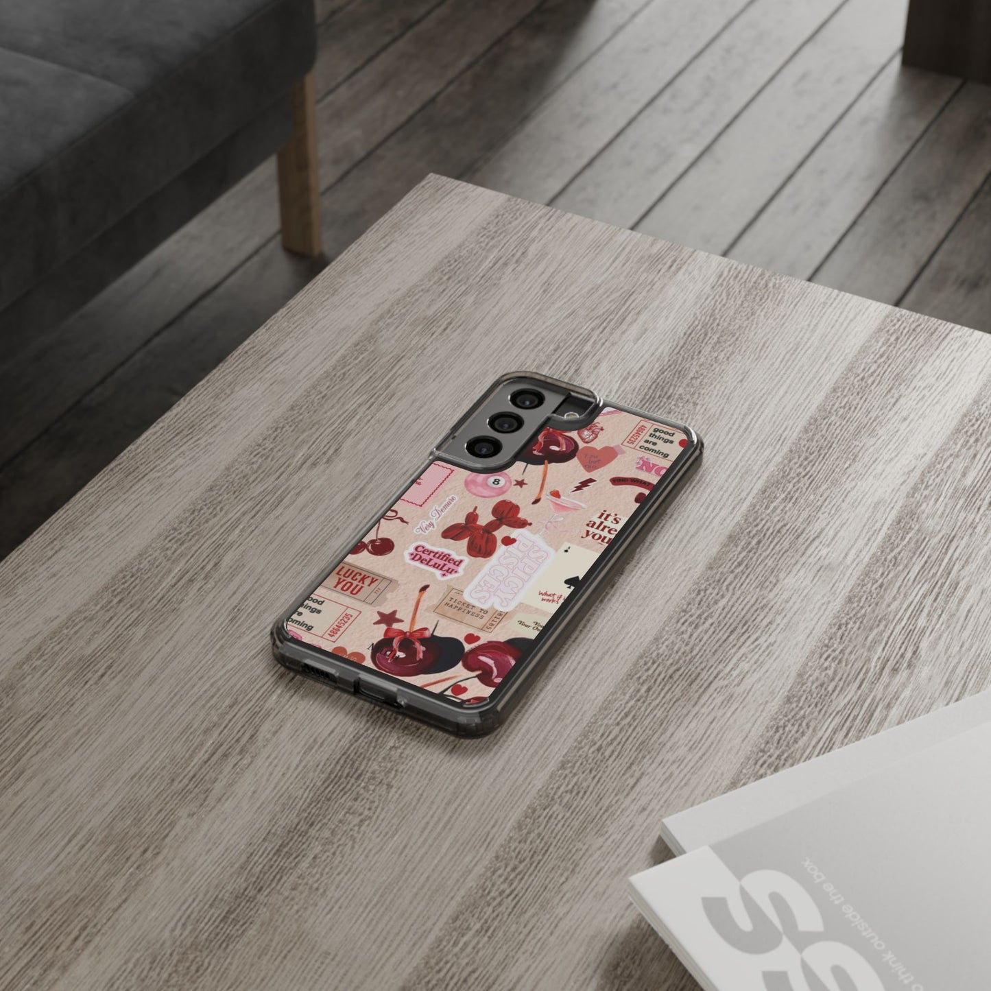 Clear Impact-Resistant Phone Case — Retro Cherry & Sticker Collage