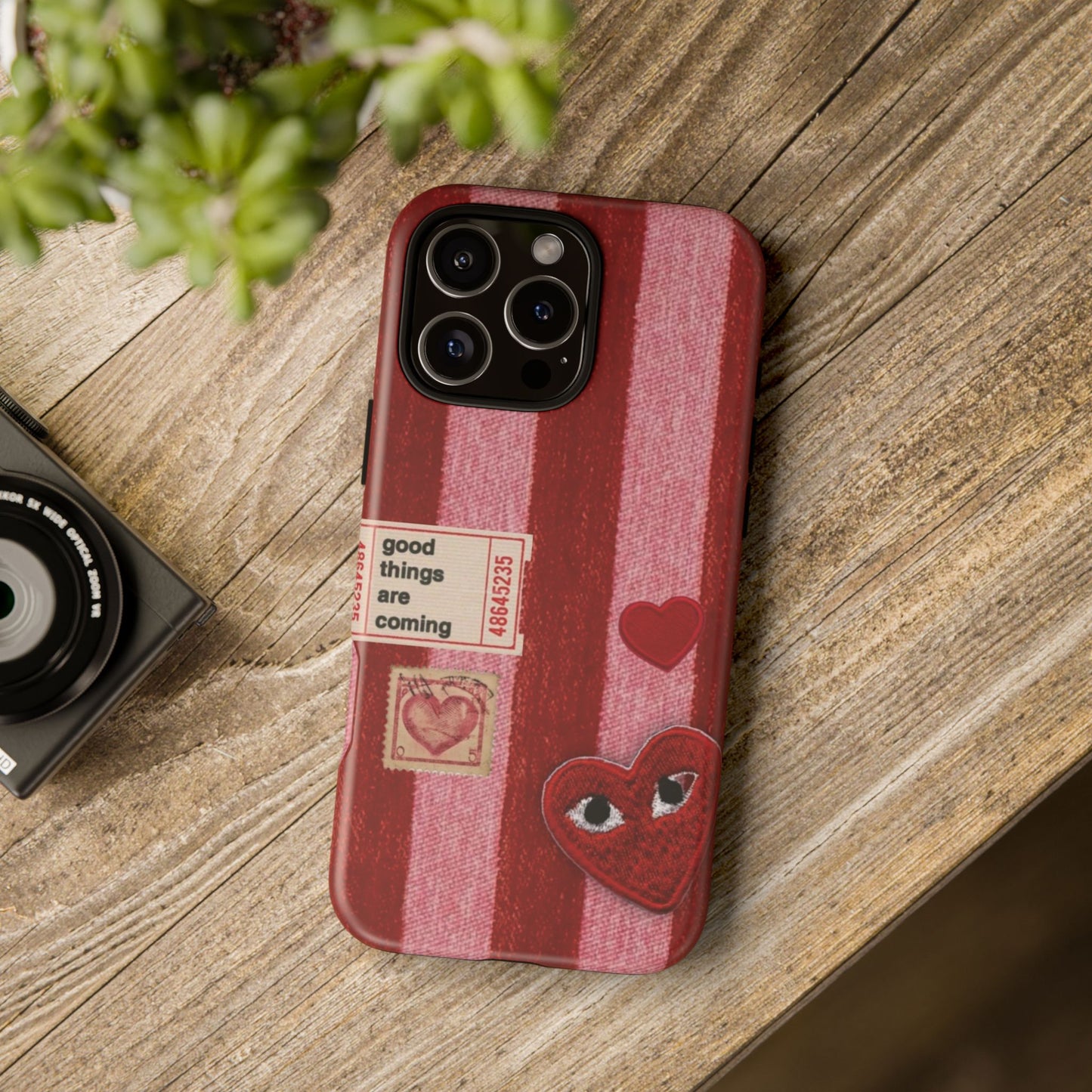 Phone Case — Red Striped Heart Design with “Good Things Are Coming”