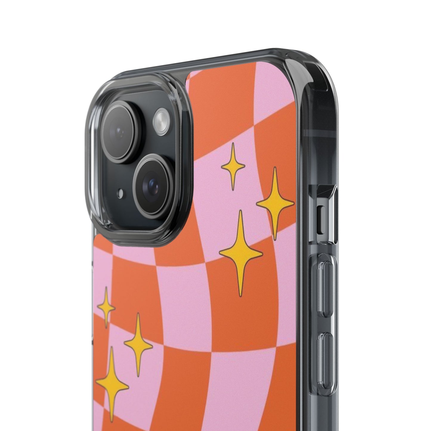Clear Impact-Resistant Case — Retro Pink & Orange Checker with Sparkle Stars