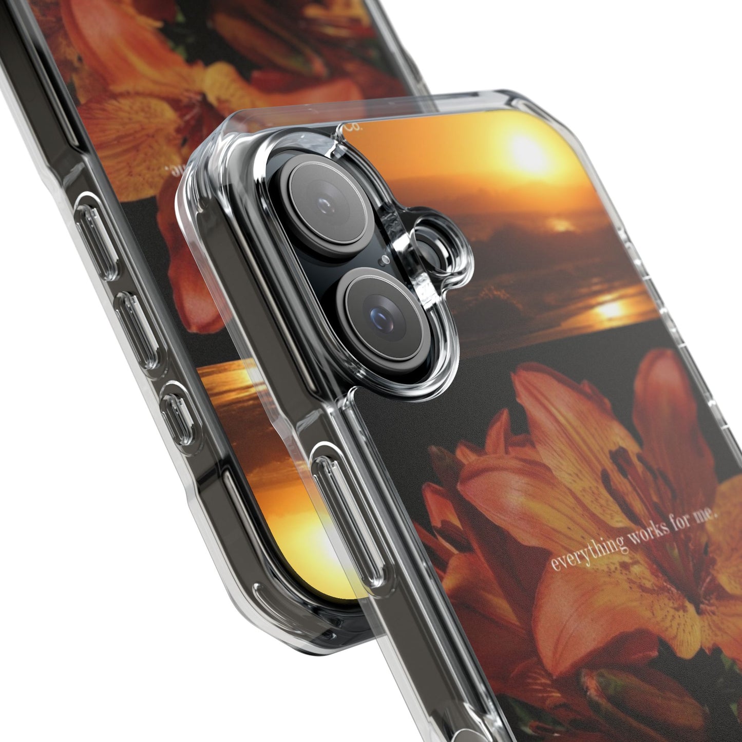 Clear Magnetic Phone Case — Sunset Lily Design ("anything waits for you")