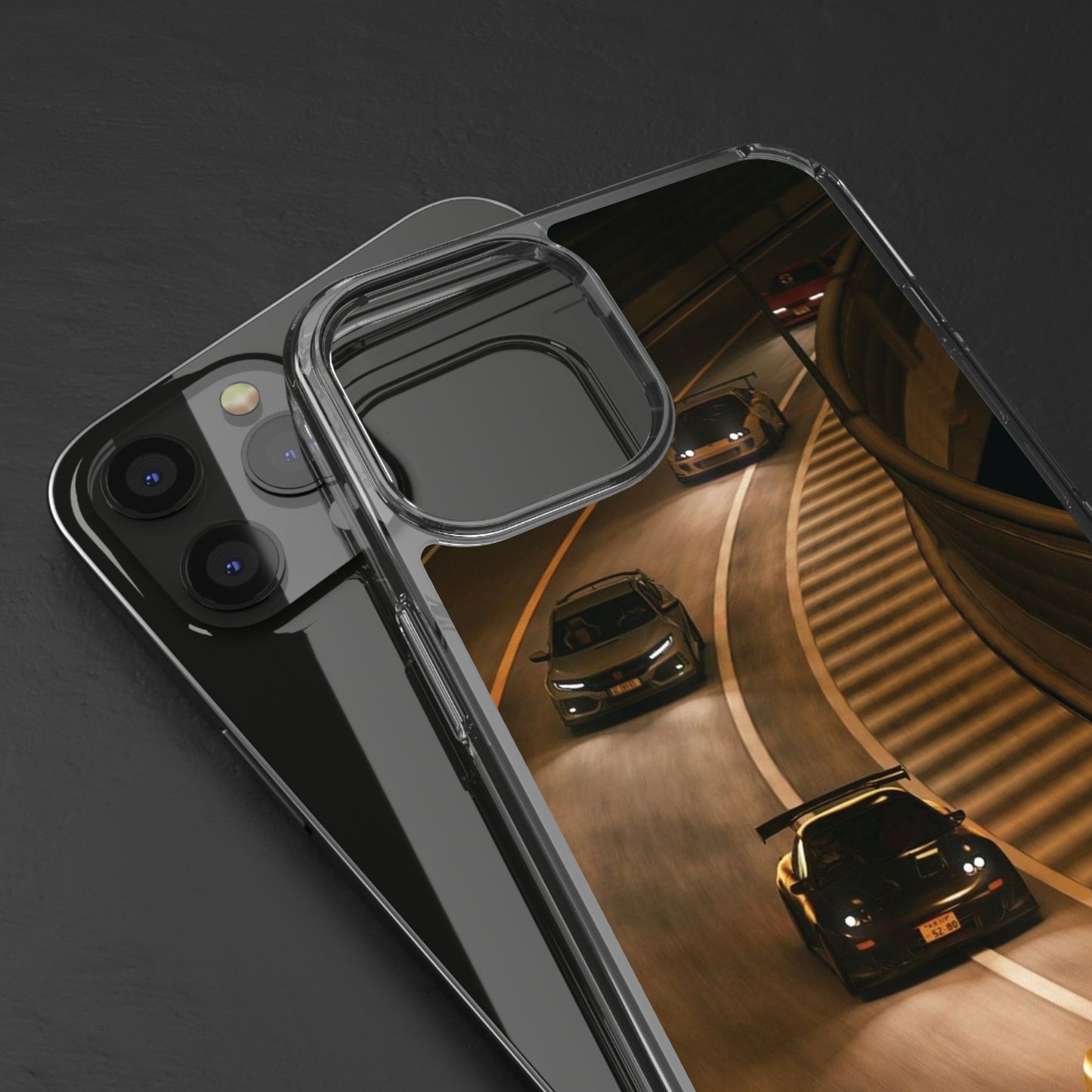 Racing Night Clear Phone Case – Sports Cars on Curved Highway