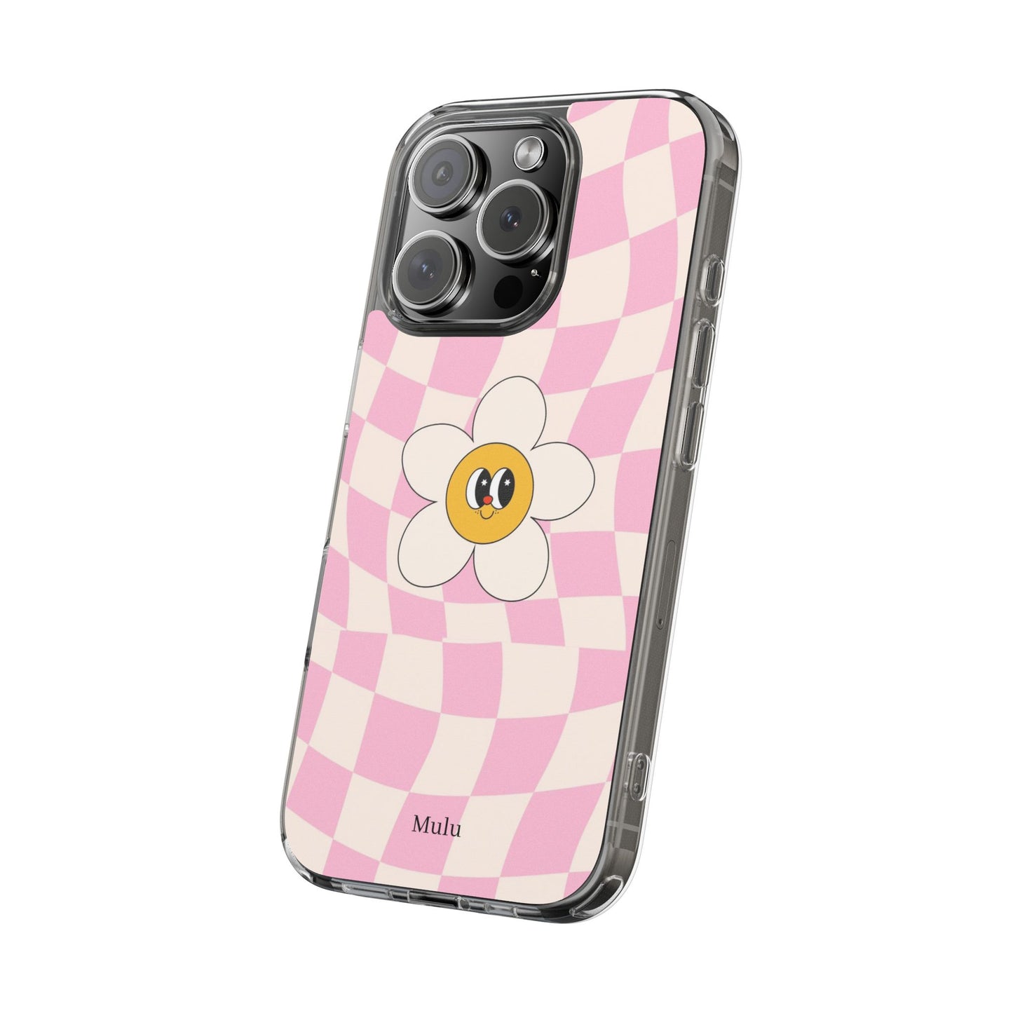 Clear Impact-Resistant Phone Case — Pink Checkerboard Daisy Design