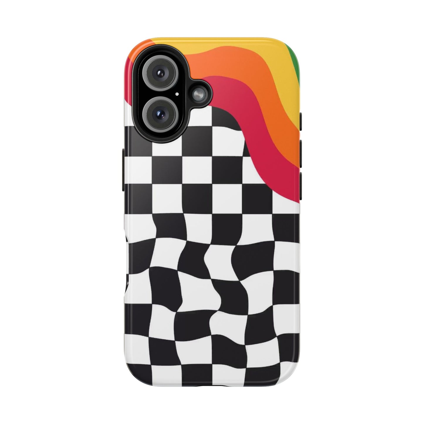 Retro Wavy Checkerboard Tough Phone Case — Rainbow Surf Skate Design