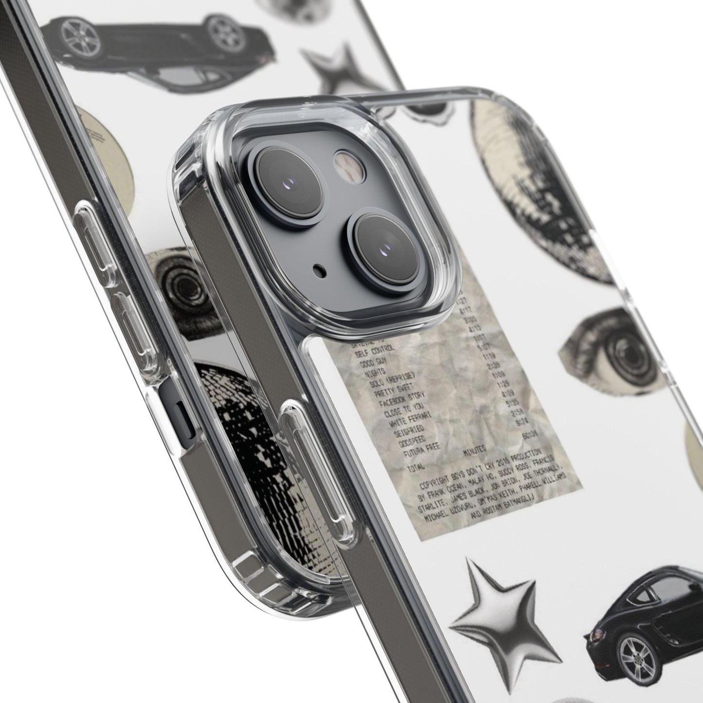Clear Phone Case — Vintage Collage Stickers (Moon, Eye, Car, Cherries)